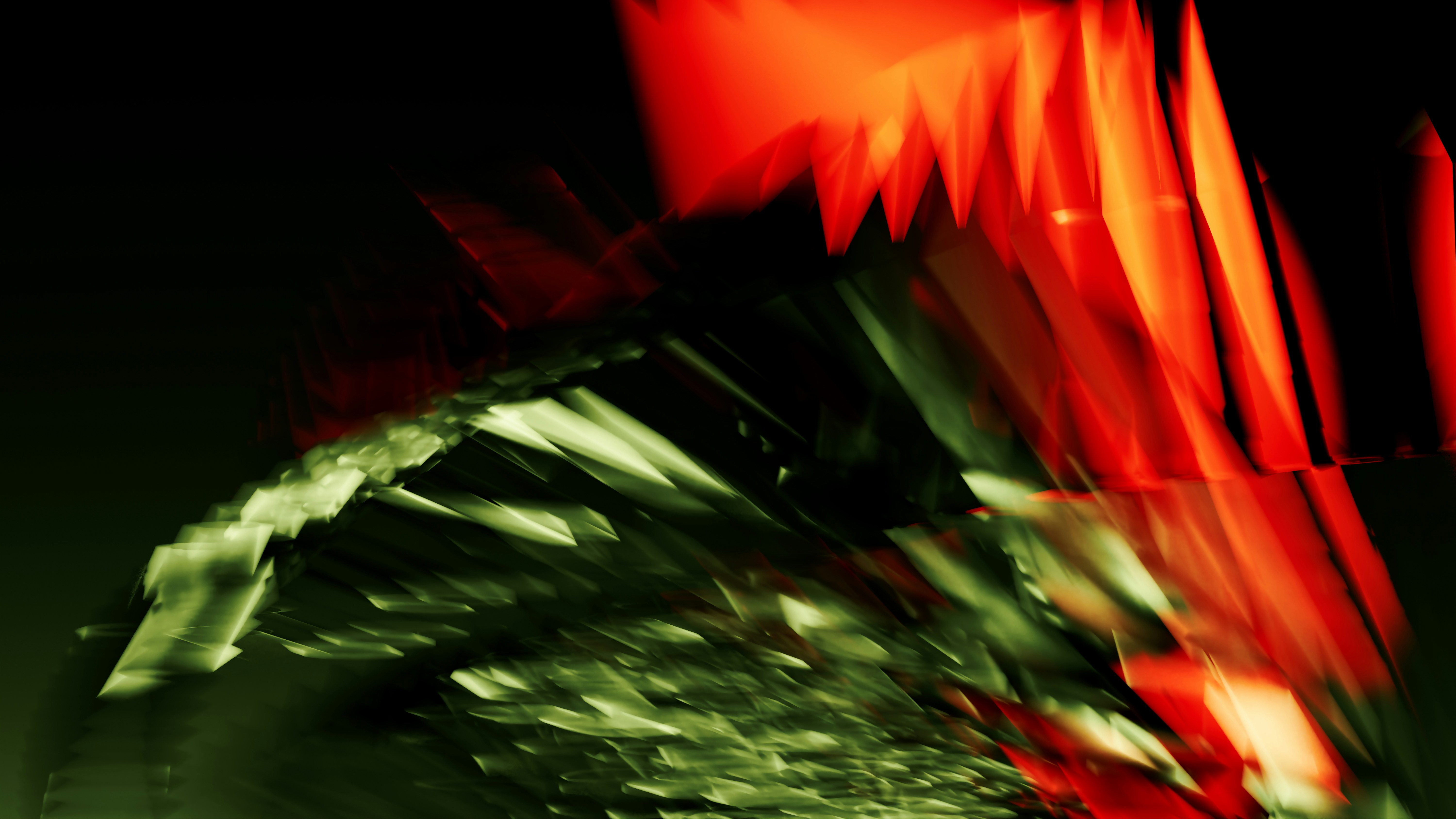 Abstract motion blur with sharp red and green geometric shapes against a black background