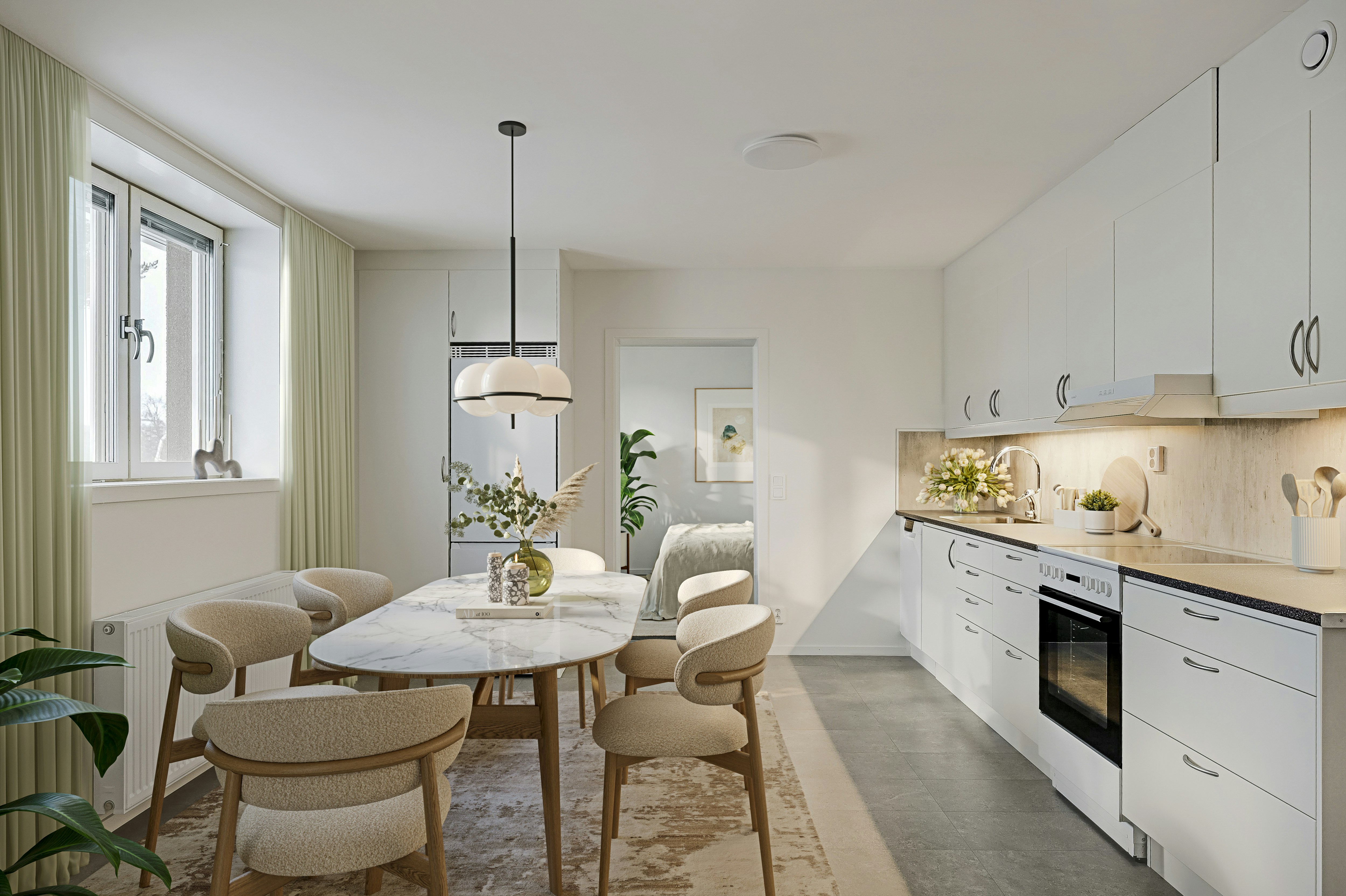 A 3D render of a modern kitchen and dining area with white cabinets and an oval marble table