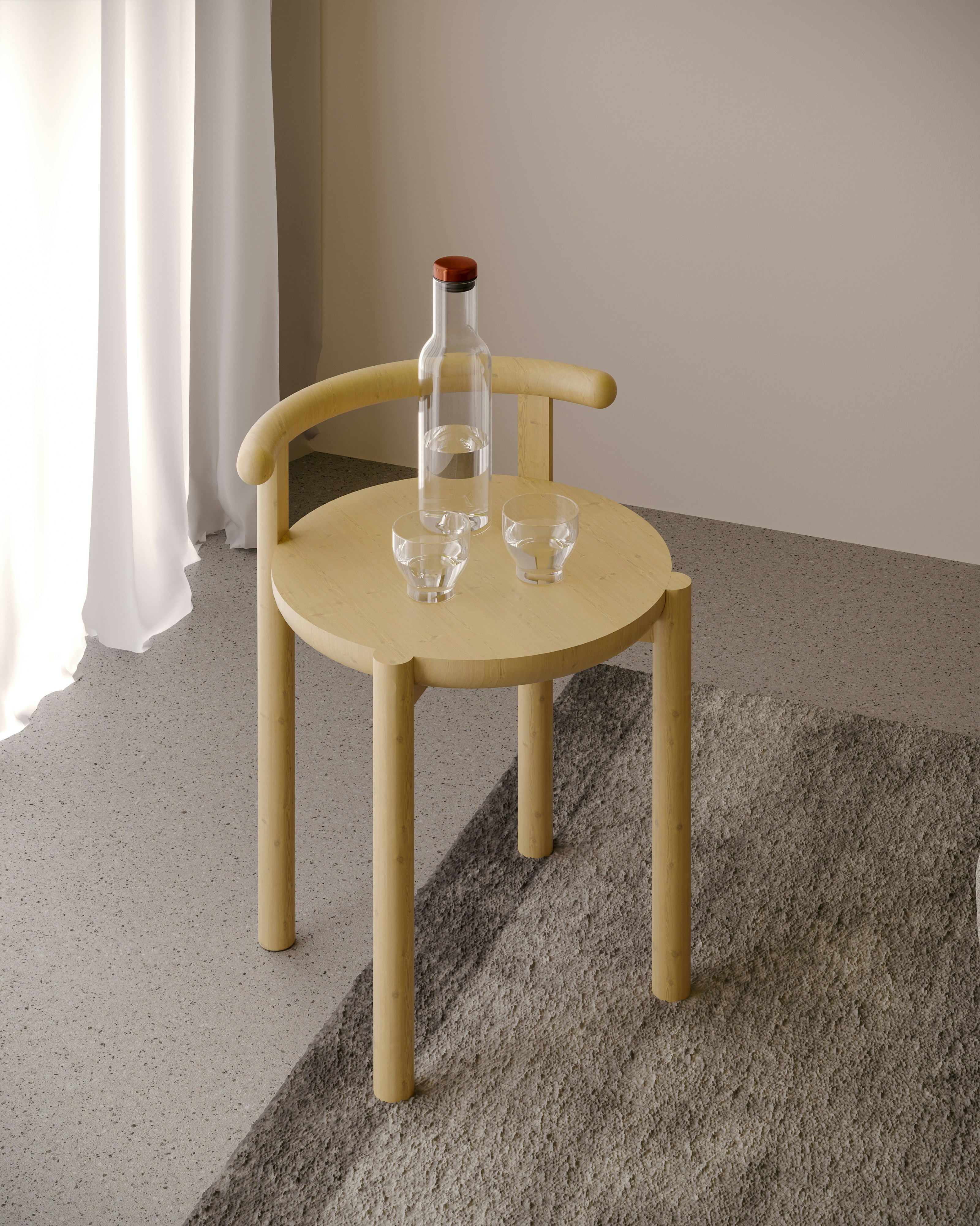 A 3D render of a light wood chair with a glass bottle and two glasses