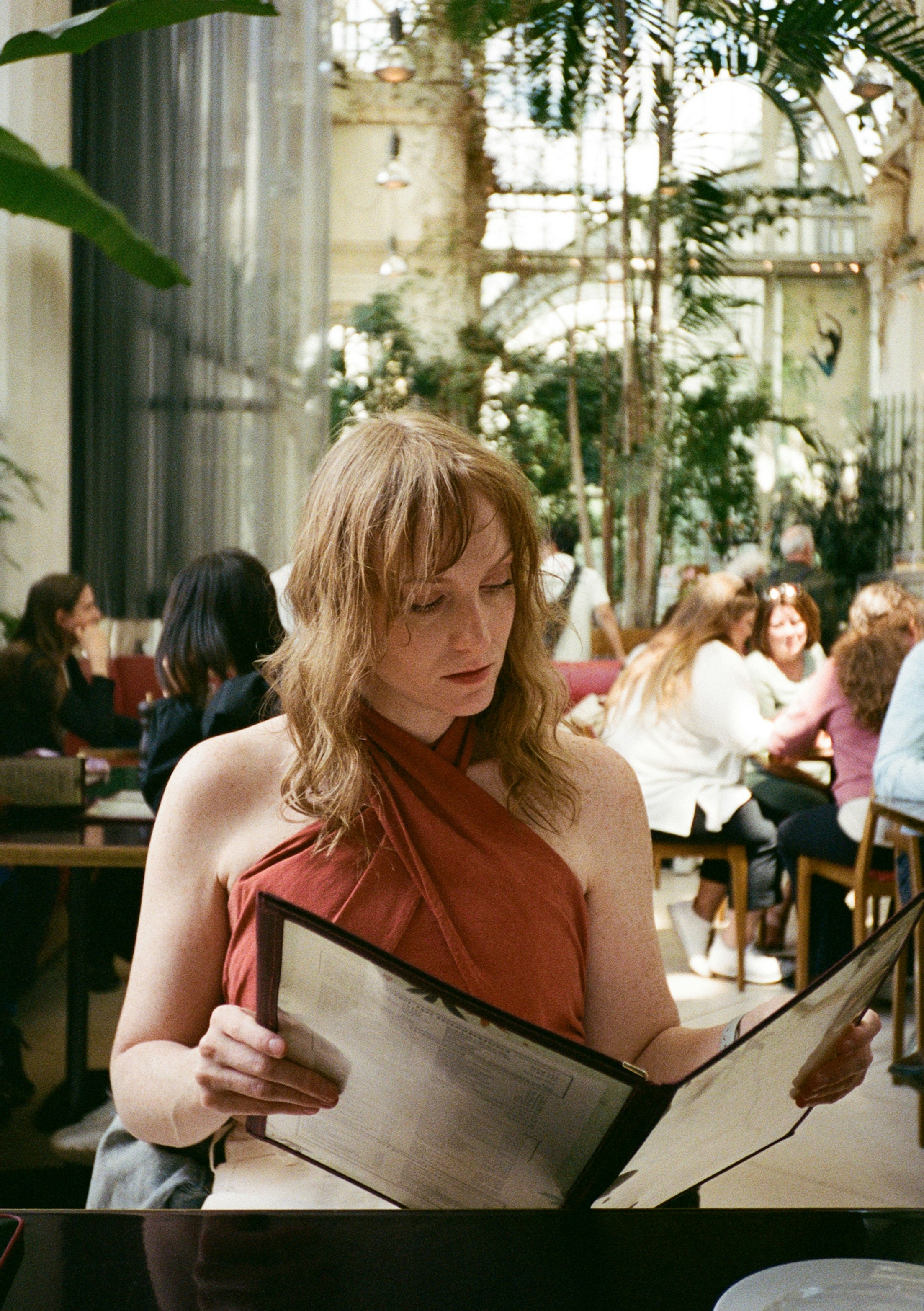 A woman reading a menu in a bright conservatory cafe in Vienna