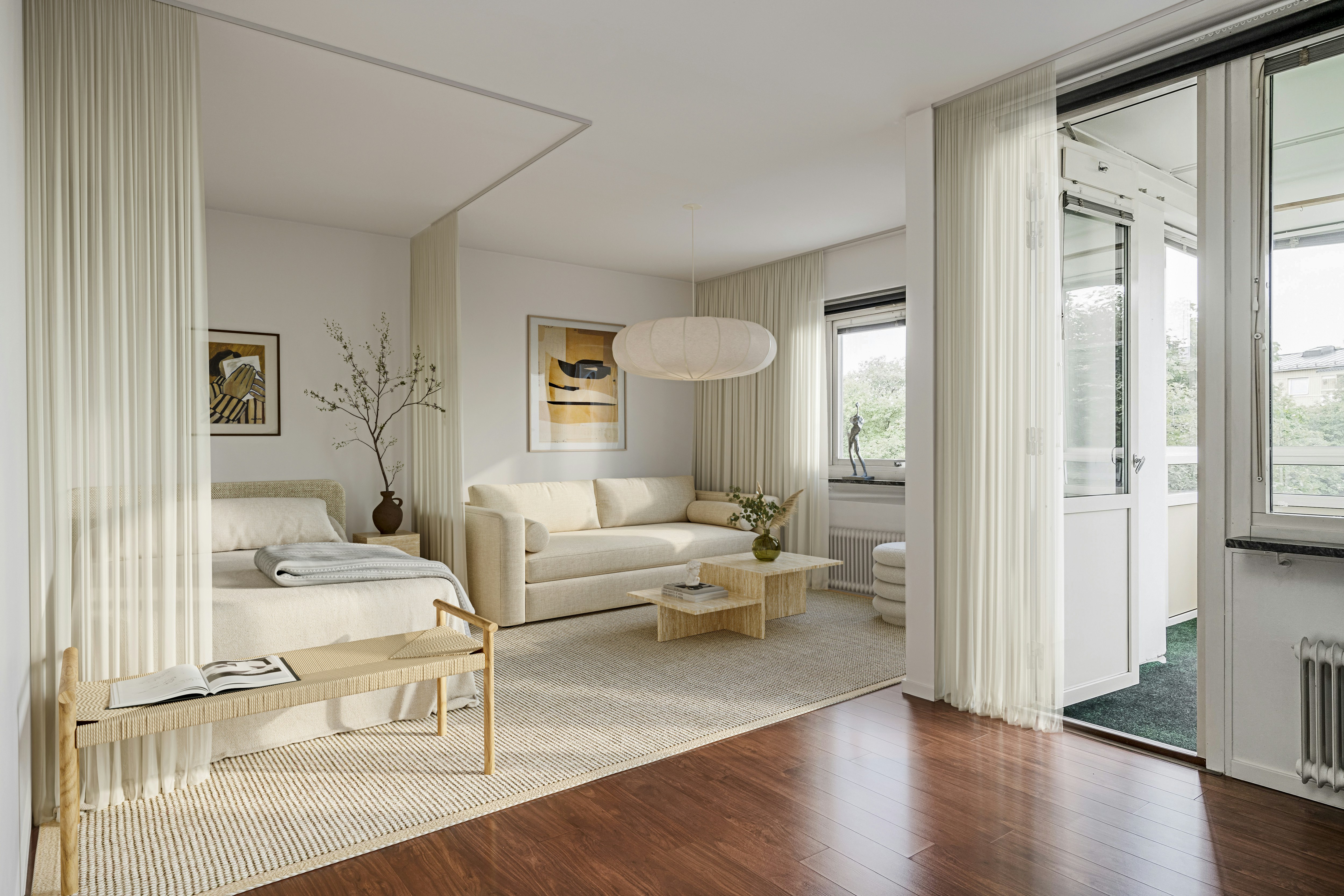 A 3D render of a bright studio apartment with a bed, sofa, and sheer curtains