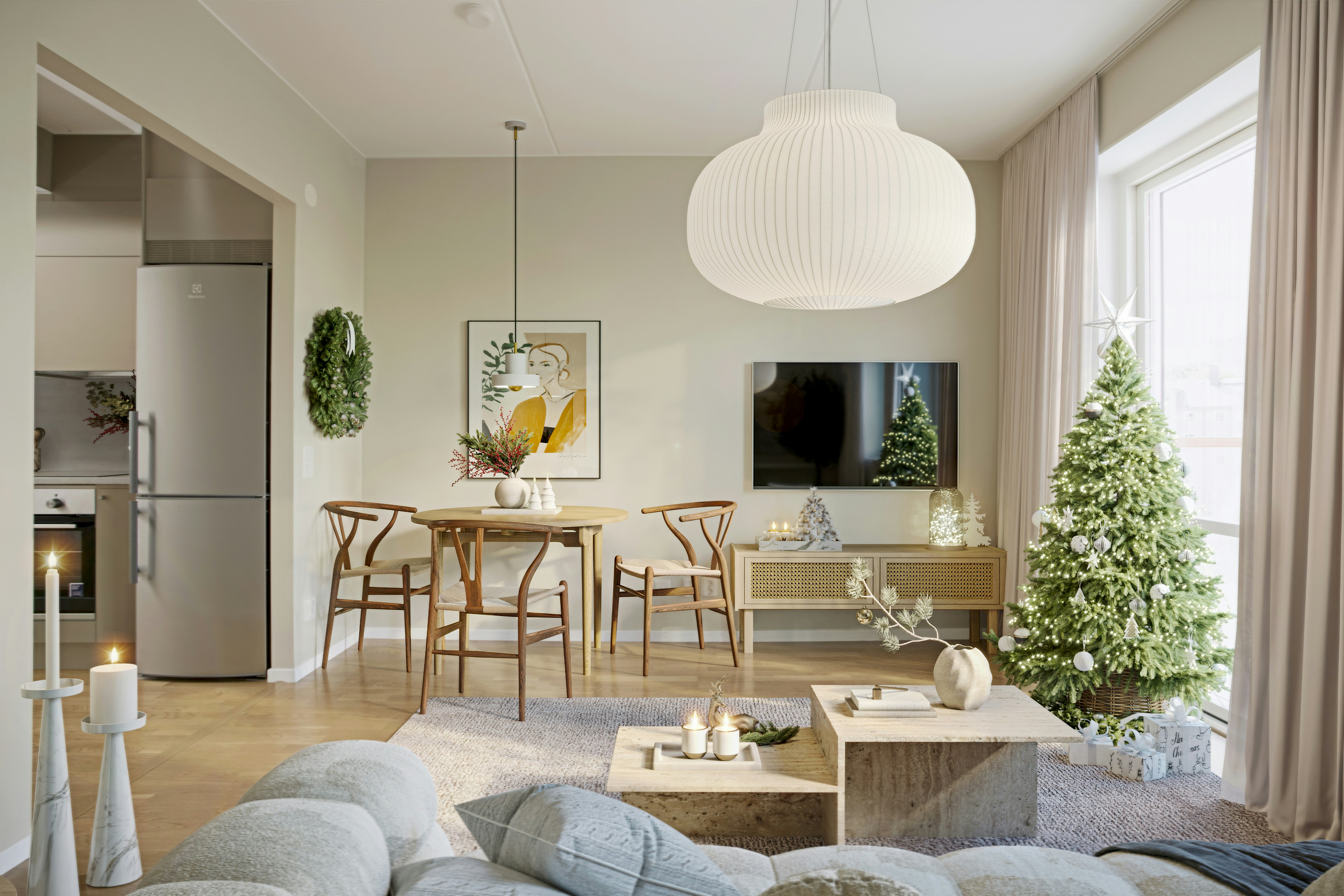 A 3D render of a cozy living room decorated for Christmas with a tree and festive lighting