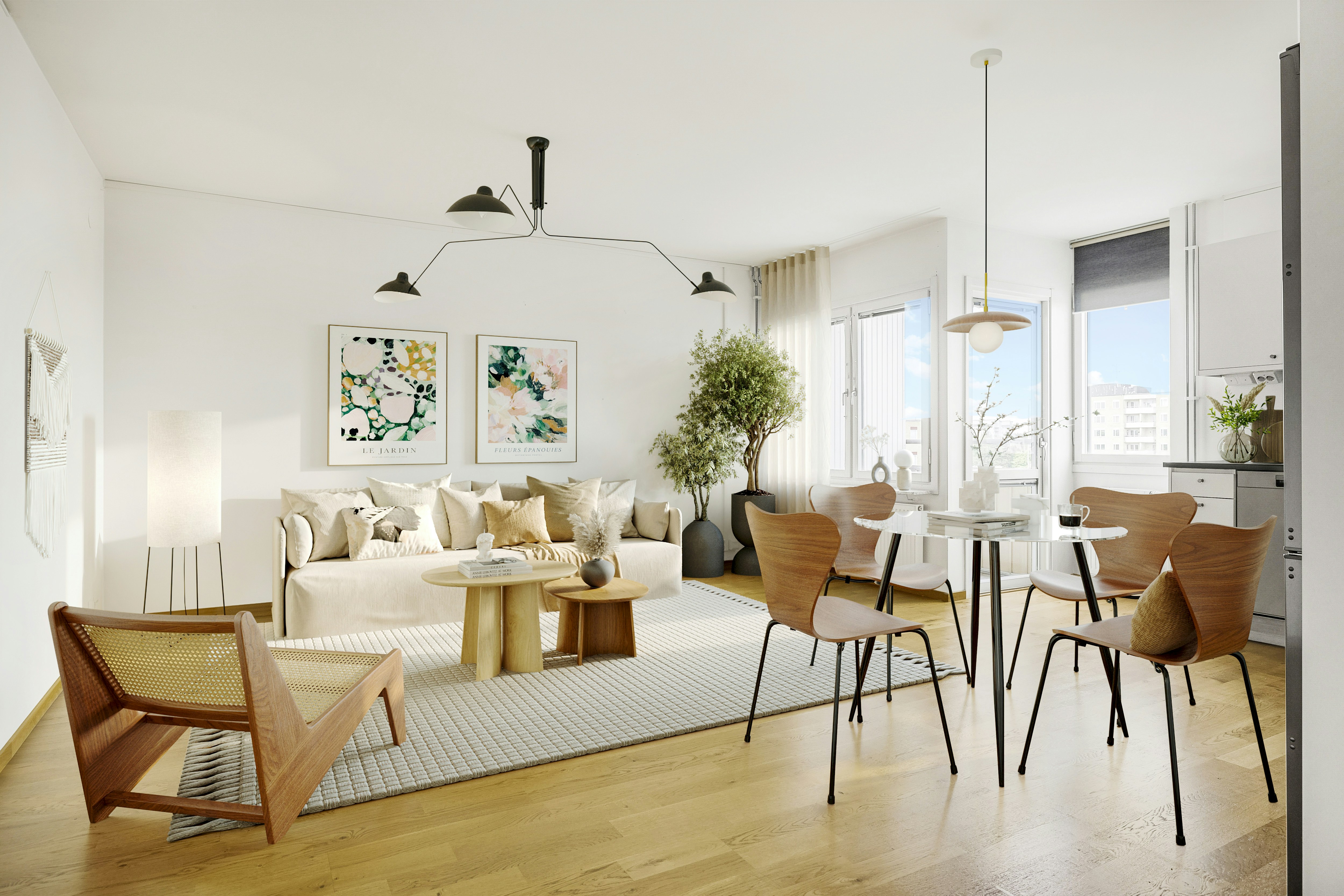 A 3D render of a bright living room with a beige sofa, wooden chairs, and a dining area