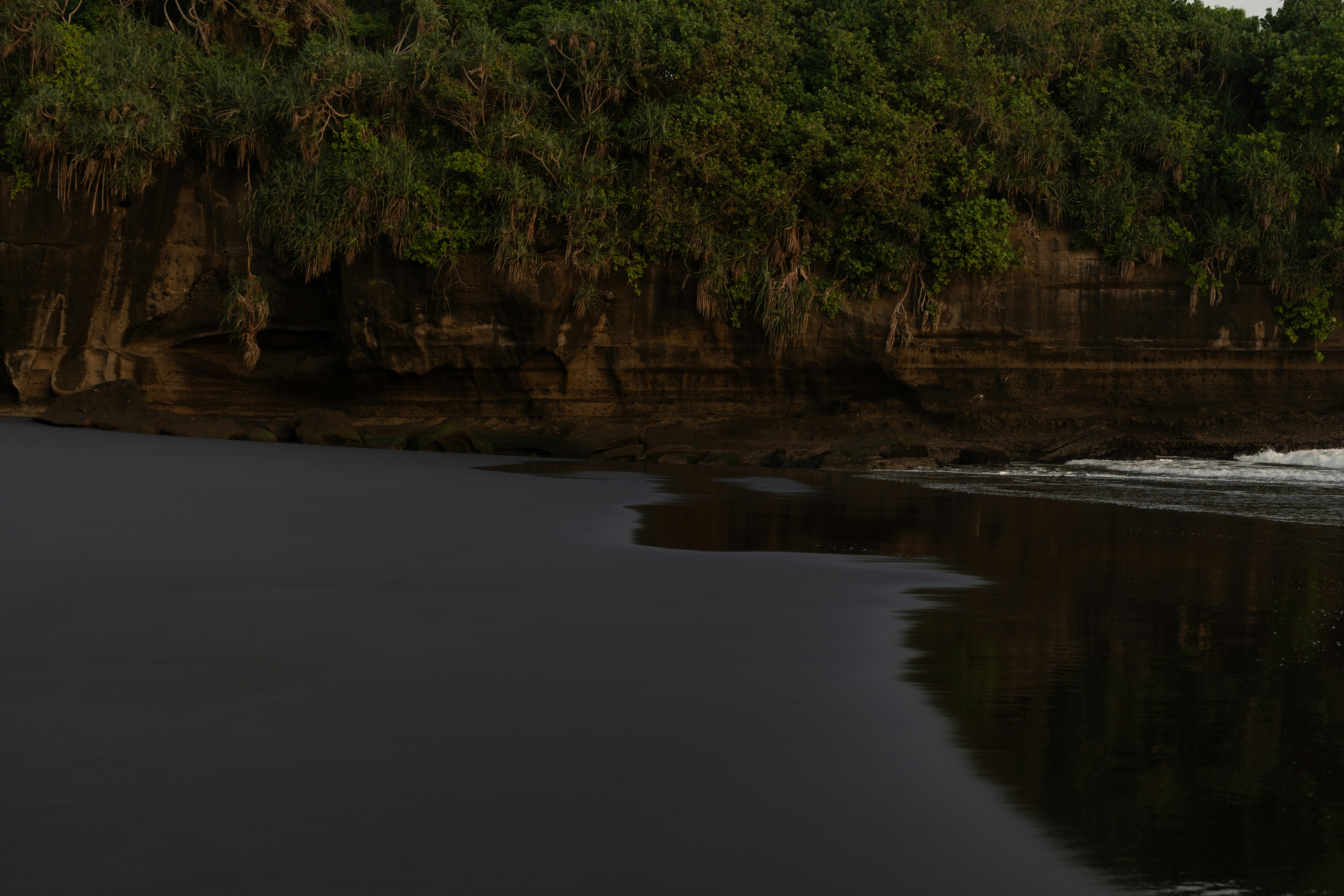 Dark volcanic sand beach below a cliff covered in dense green tropical vegetation