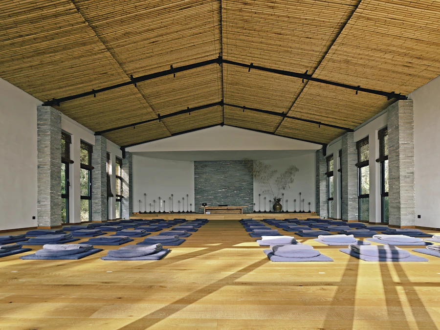 Quiet prayer and meditation room with floor mats and soft light