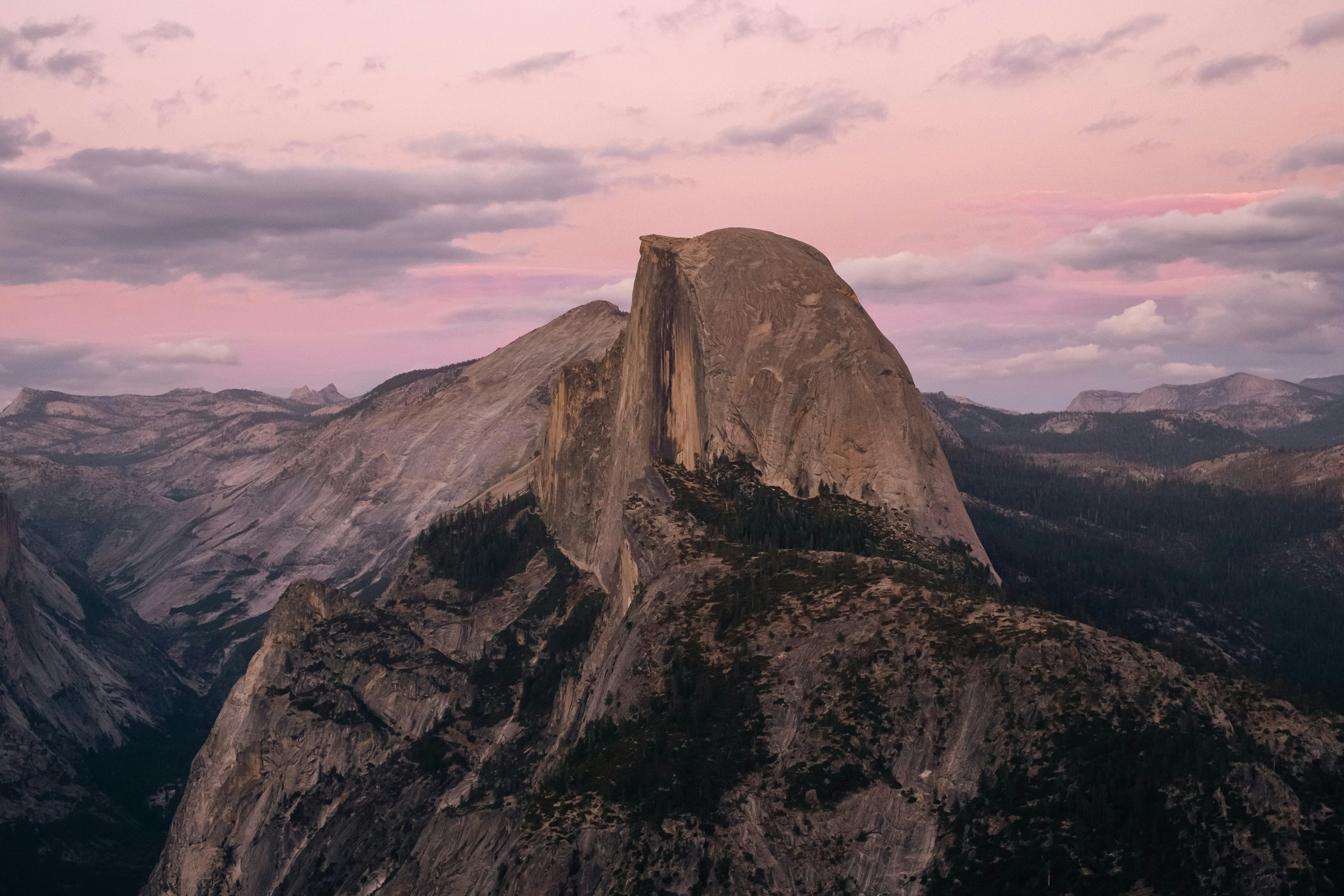 Half Dome rising above the valley in Yosemite National Park under a soft pink sky
