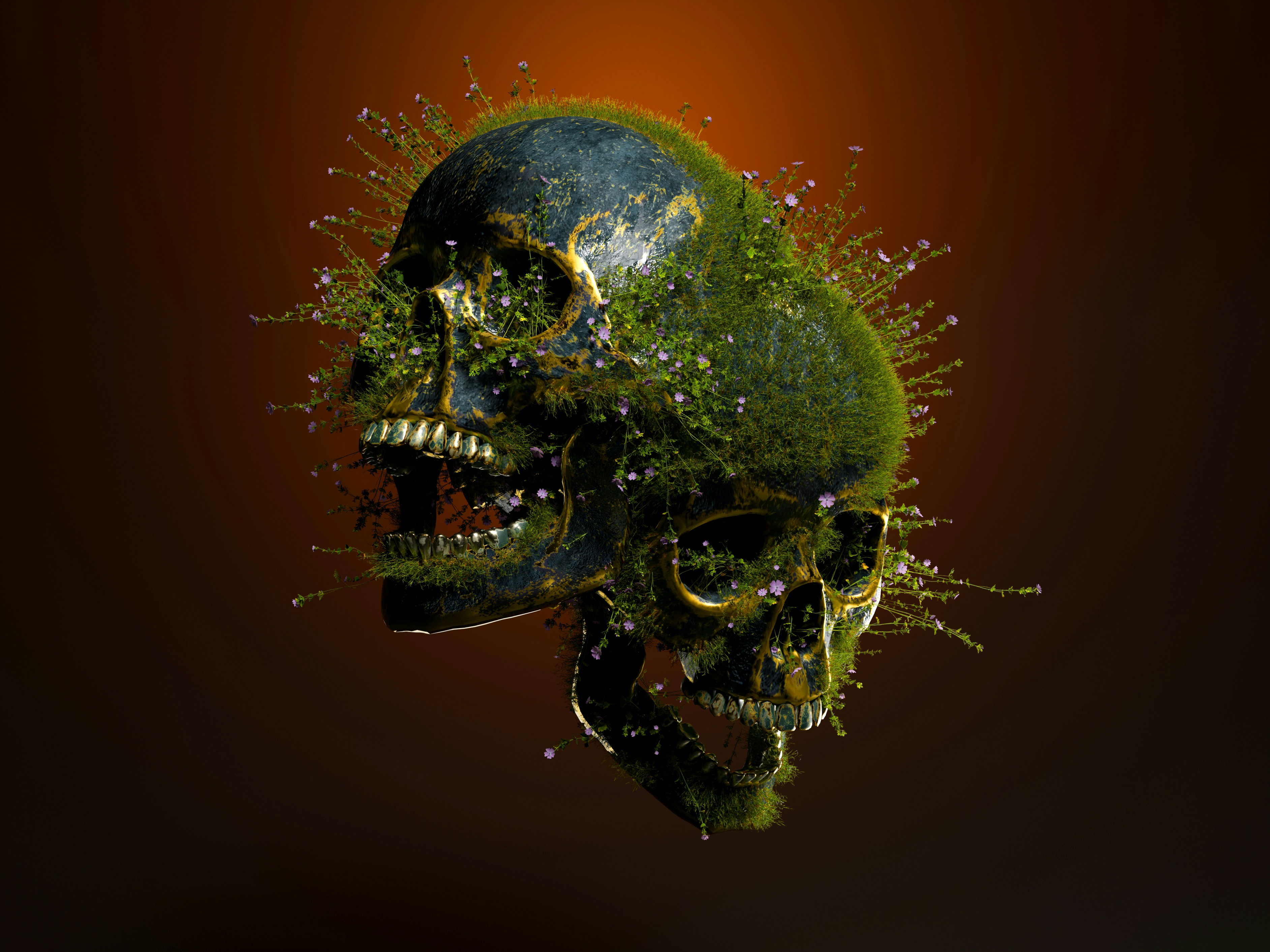 A 3D render of two dark skulls covered in green moss and small purple flowers