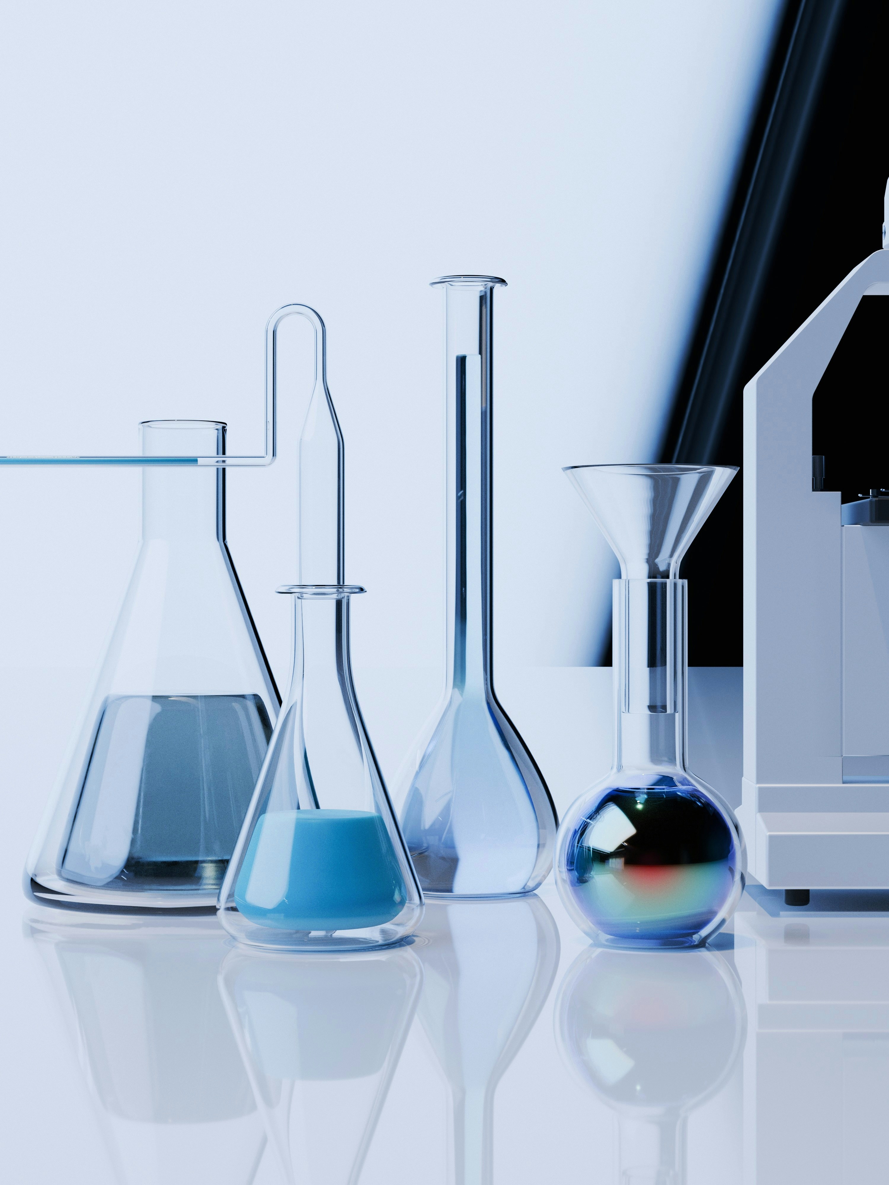 A 3D render of laboratory glassware including flasks and a funnel on a reflective white surface