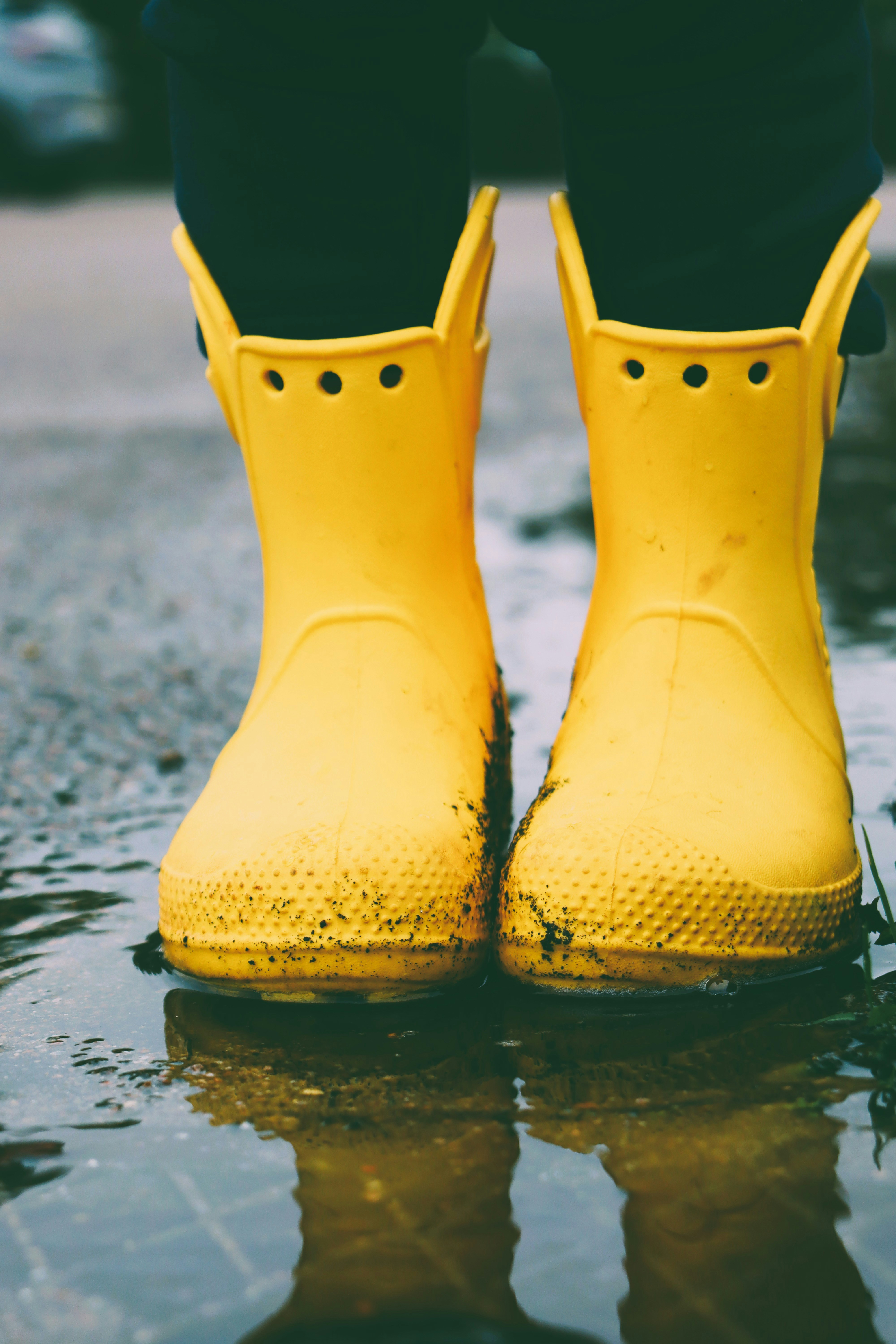 Muddy yellow rubber boots standing in a shallow puddle