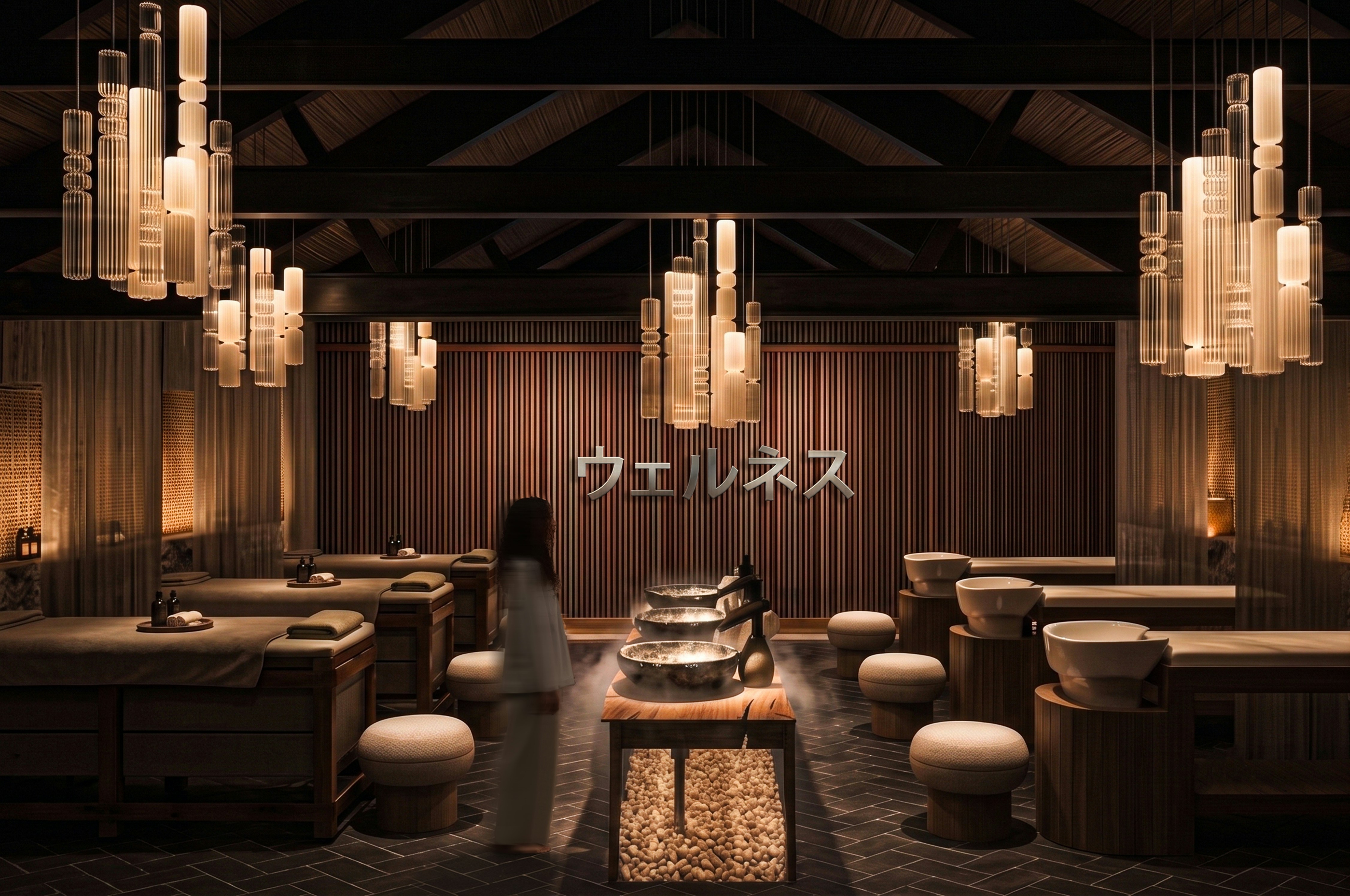 A 3D render of a dimly lit spa interior with massage tables and basins under glowing pendant lights