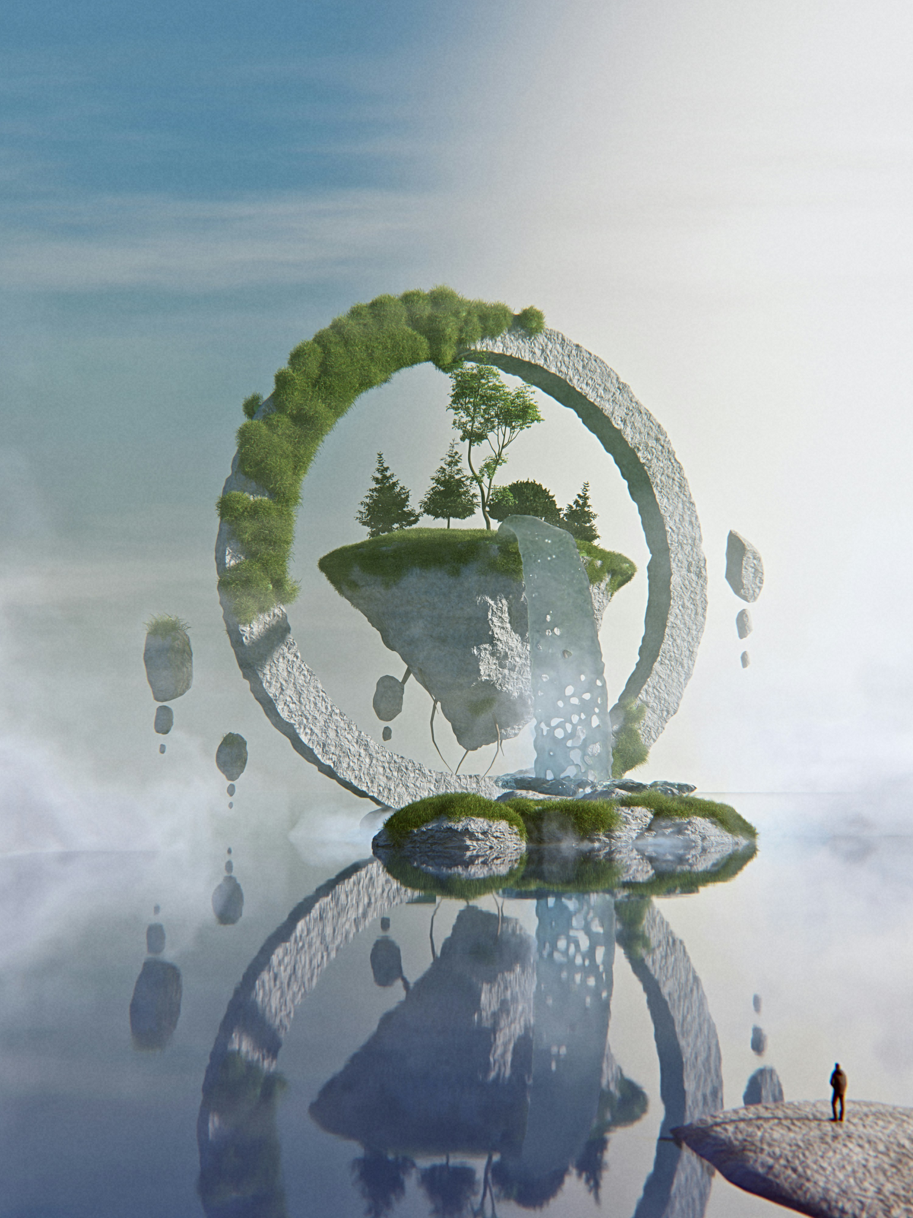 The Quiet Beyond, A surreal floating island surrounded by a monumental stone ring, cascading waterfalls, and scattered rock formations above a reflective sea of mist. Small trees and lush greenery bring life to the otherworldly landscape, while a solitary figure emphasizes the immense scale and quiet atmosphere. This dreamlike 3D render explores the relationship between nature, architecture, isolation, and the sublime. - 相关推荐