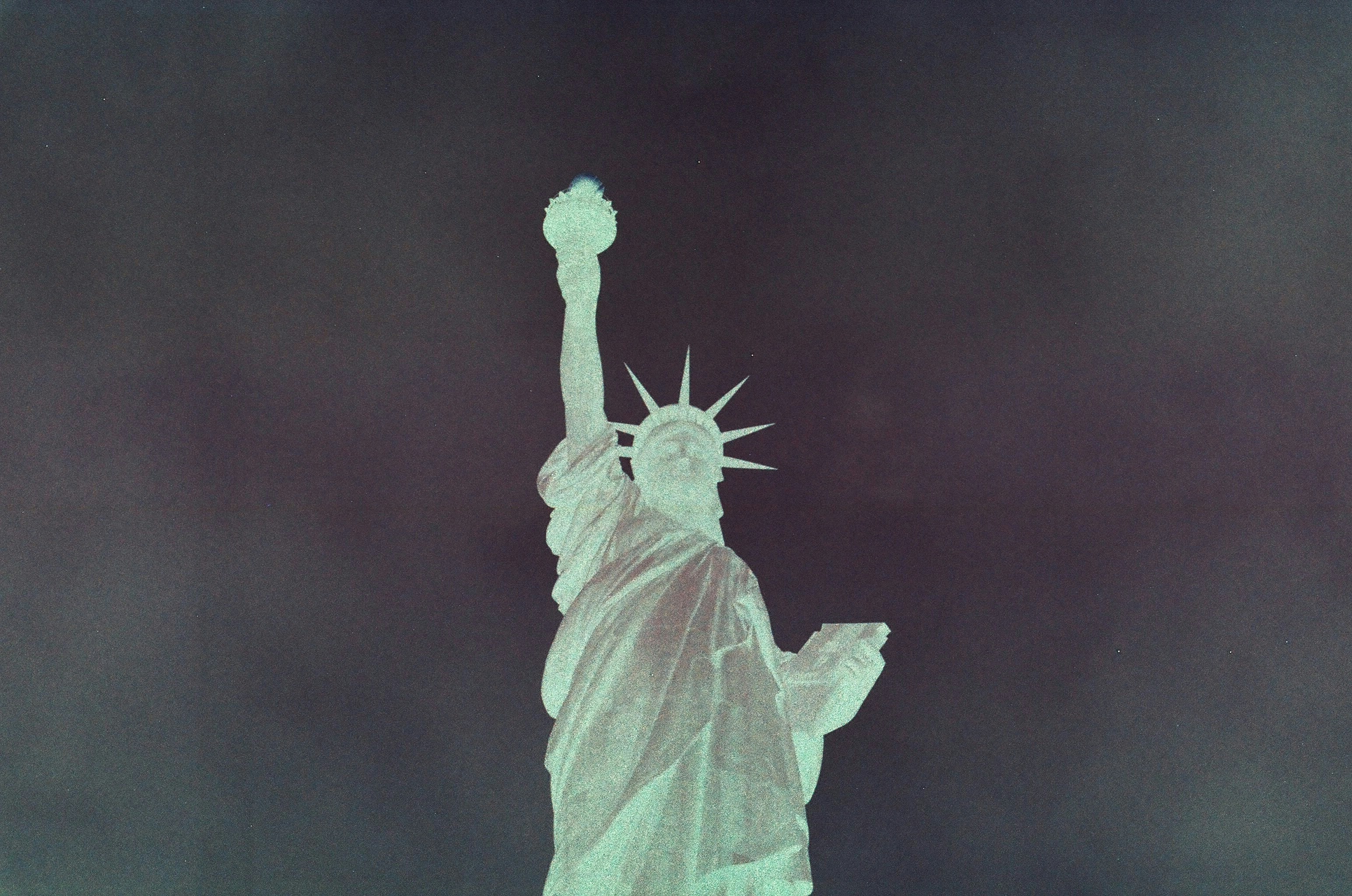 The Statue of Liberty in New York depicted in a high-contrast inverted color style