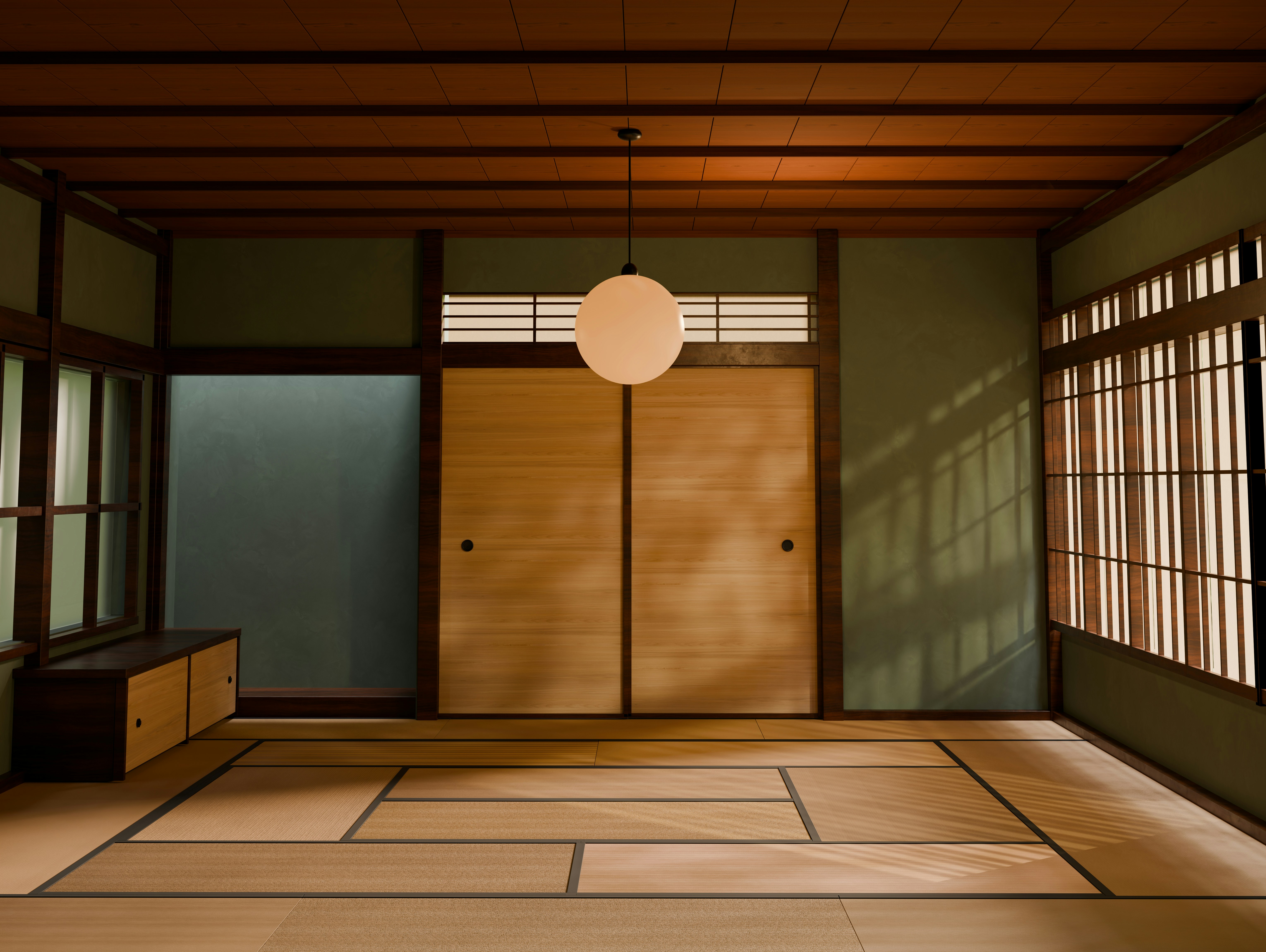 A 3D render of an empty Japanese tatami room with wooden sliding doors and a pendant lamp