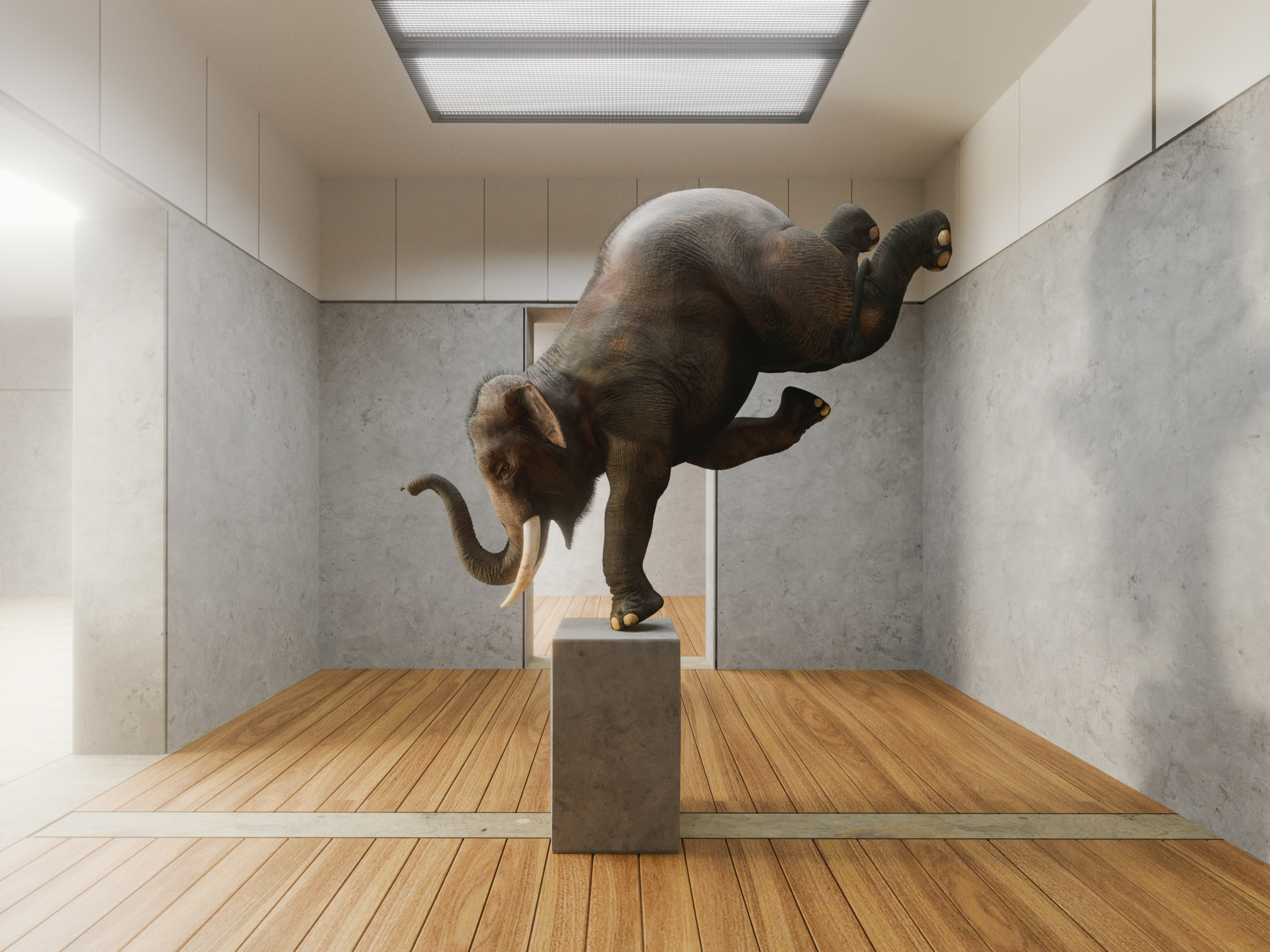 A 3D render of an elephant balancing on one leg atop a concrete pedestal in a minimalist room