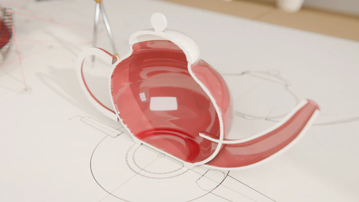 3D render of a product resting on its technical drawing