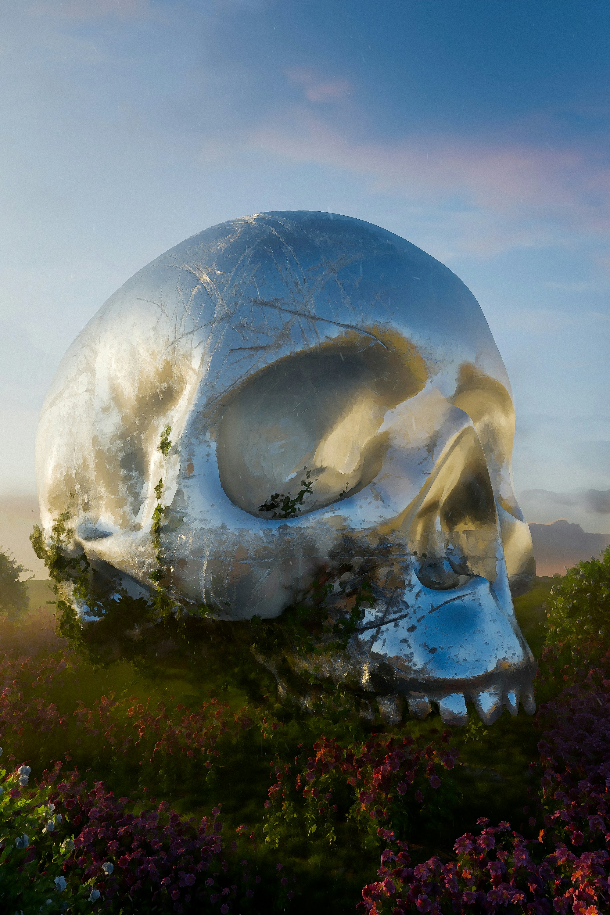 Metallic skull in flower field - Free Photo on Unsplash
