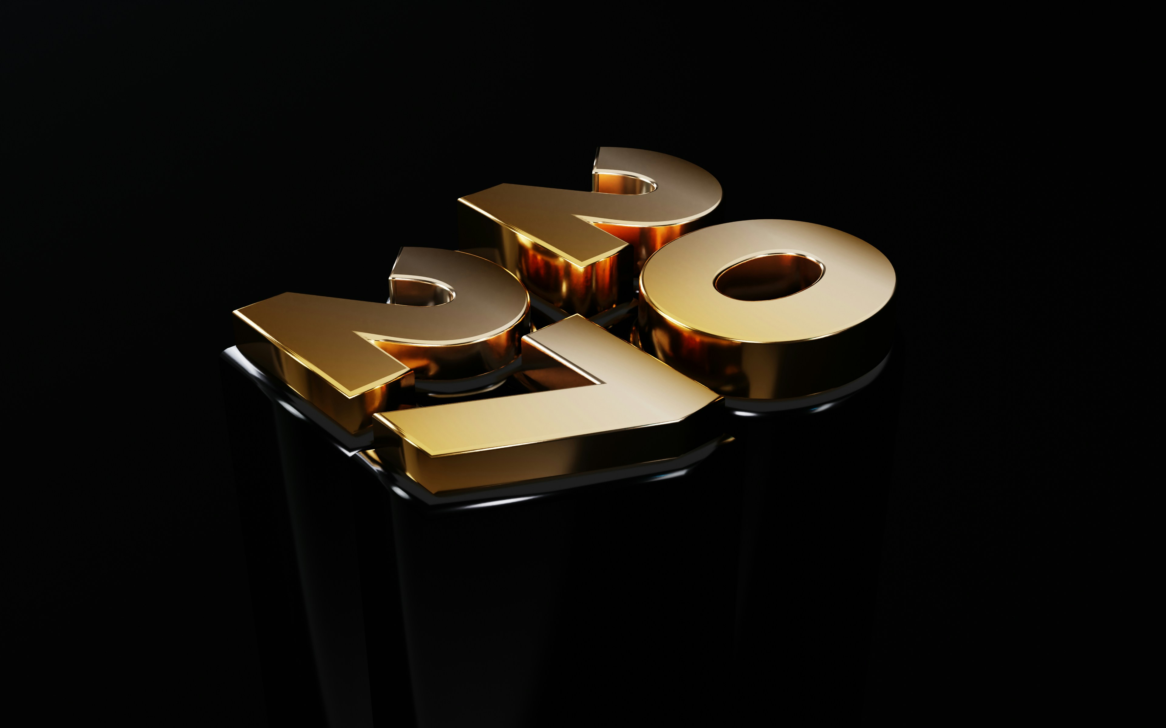 A 3D render of the gold number 2024 on a reflective black surface