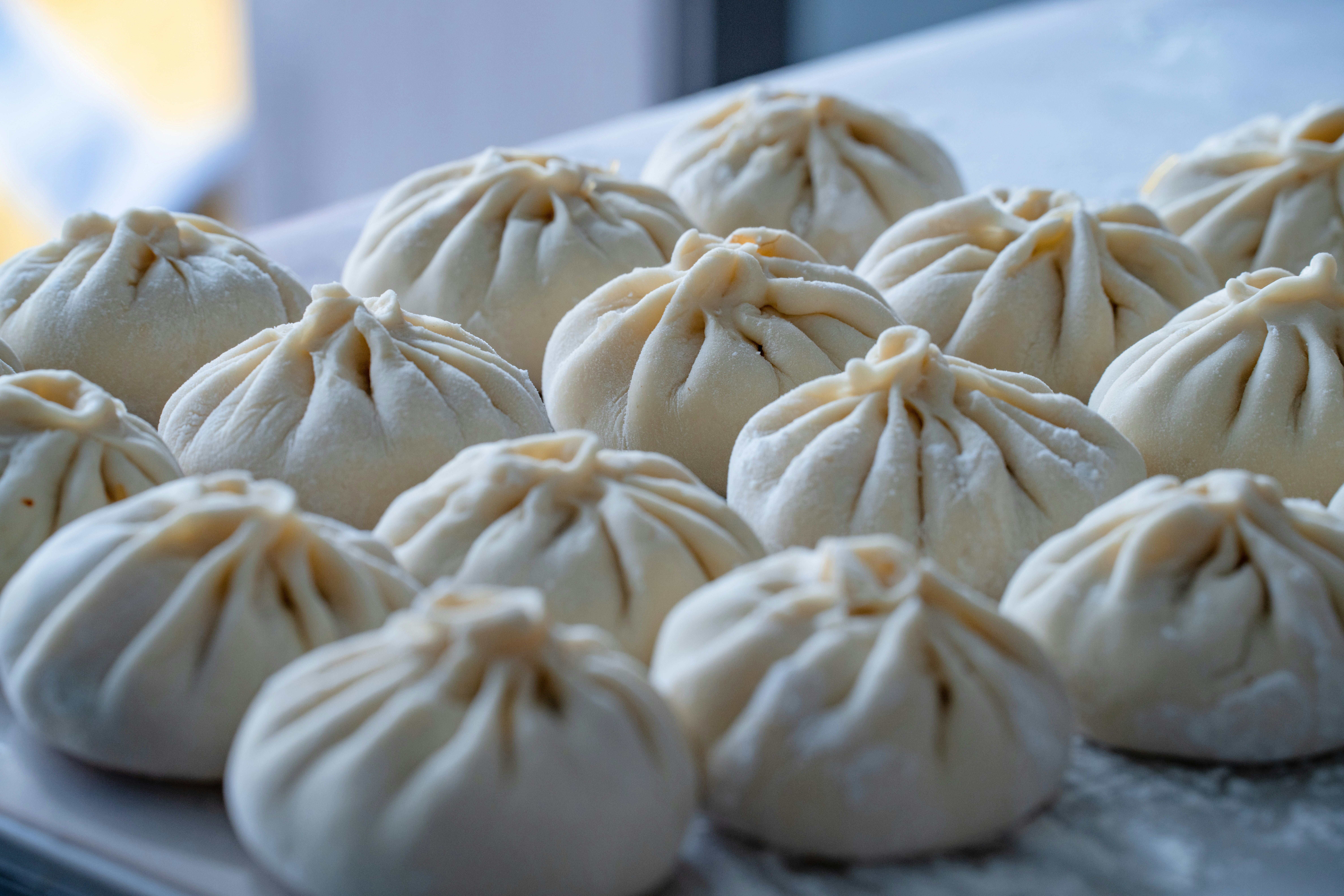 A group of raw pleated dumplings arranged on a white surface