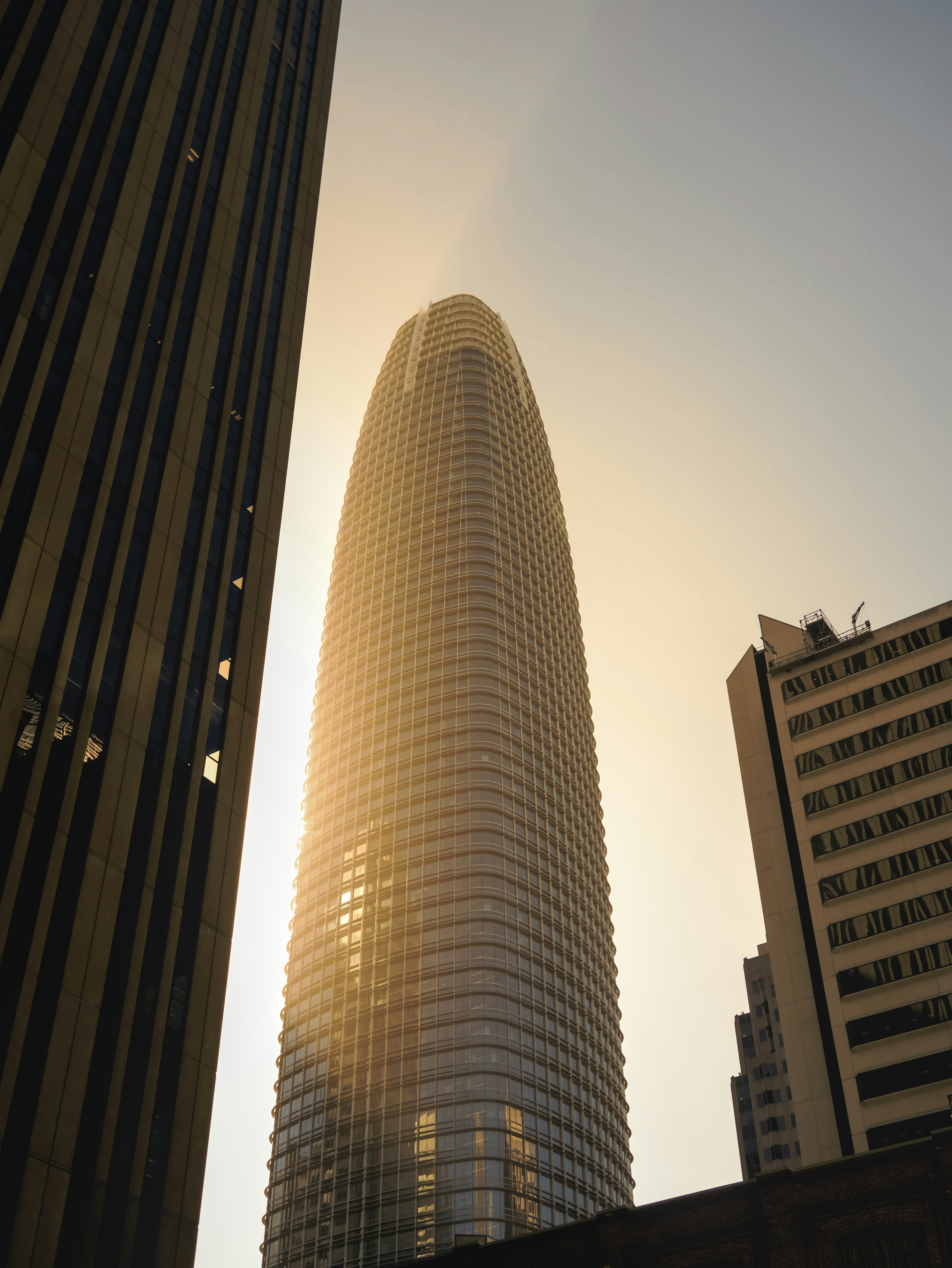 The Salesforce Tower rising between city skyscrapers against a warm golden sky