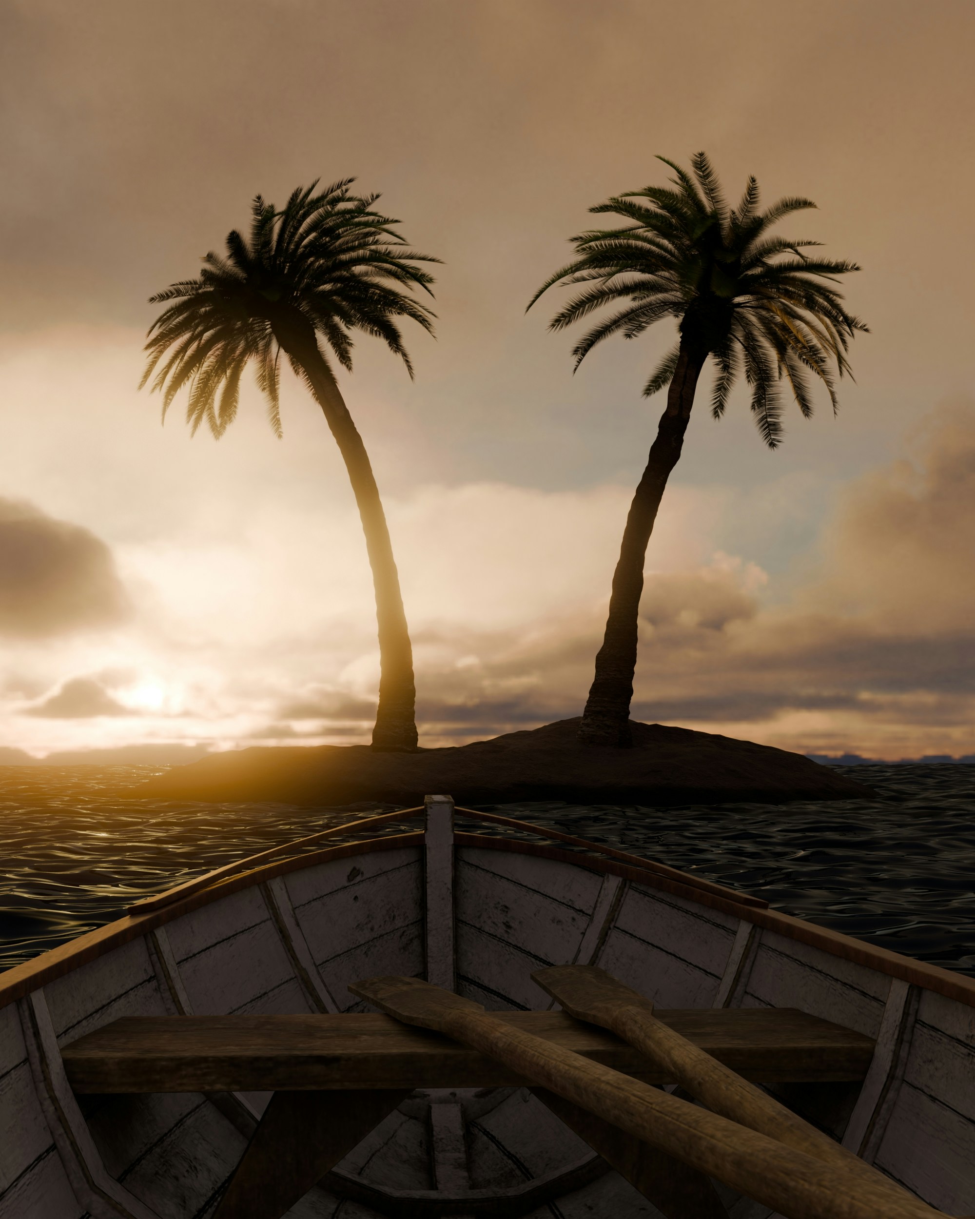 A 3D render of a wooden rowboat approaching a small island with two palm trees at golden hour - 相关推荐