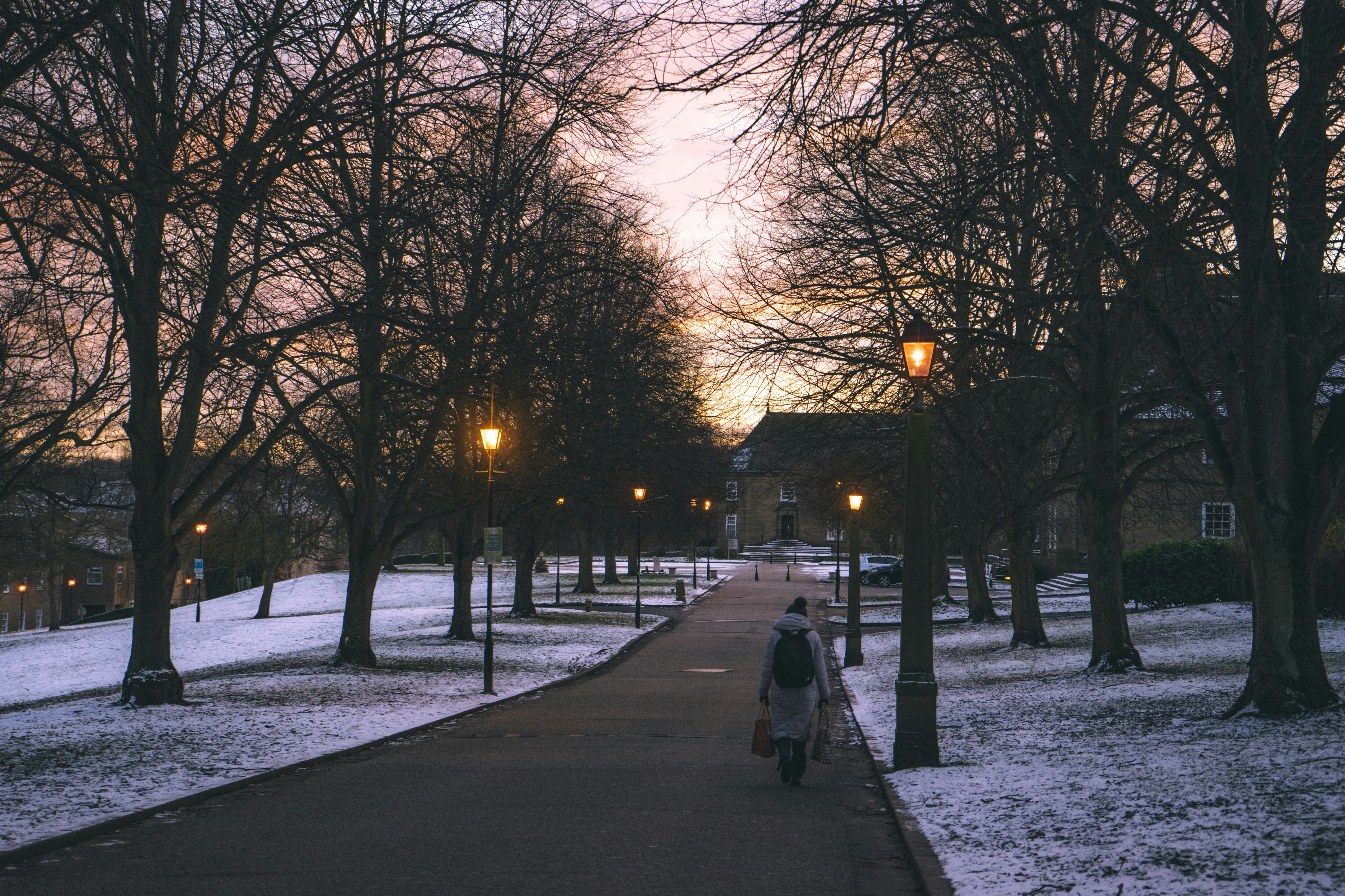 A person with a backpack walking down a snowy path lined with trees and glowing lamps