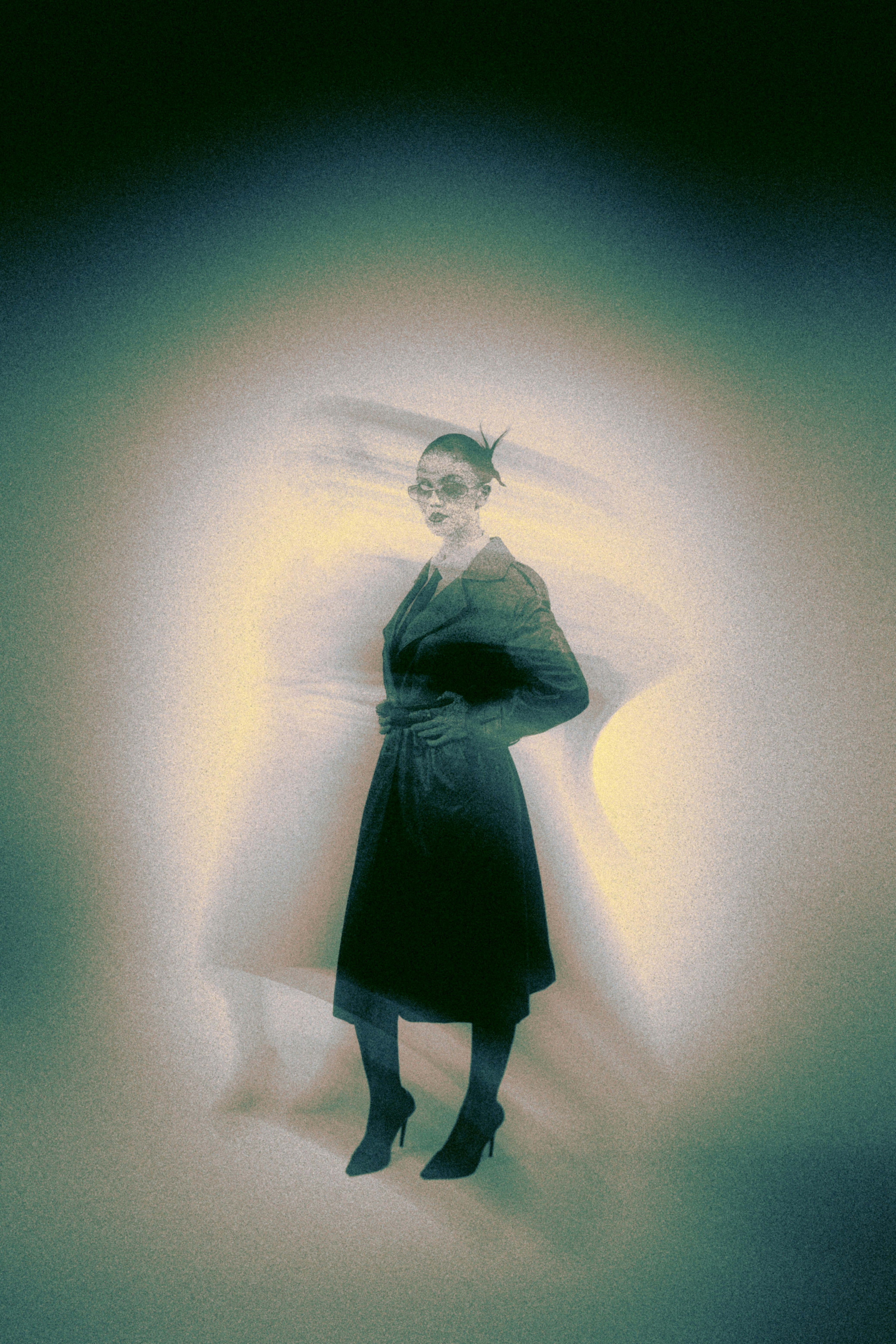 A person in a trench coat and sunglasses standing against a glowing light - 相关推荐
