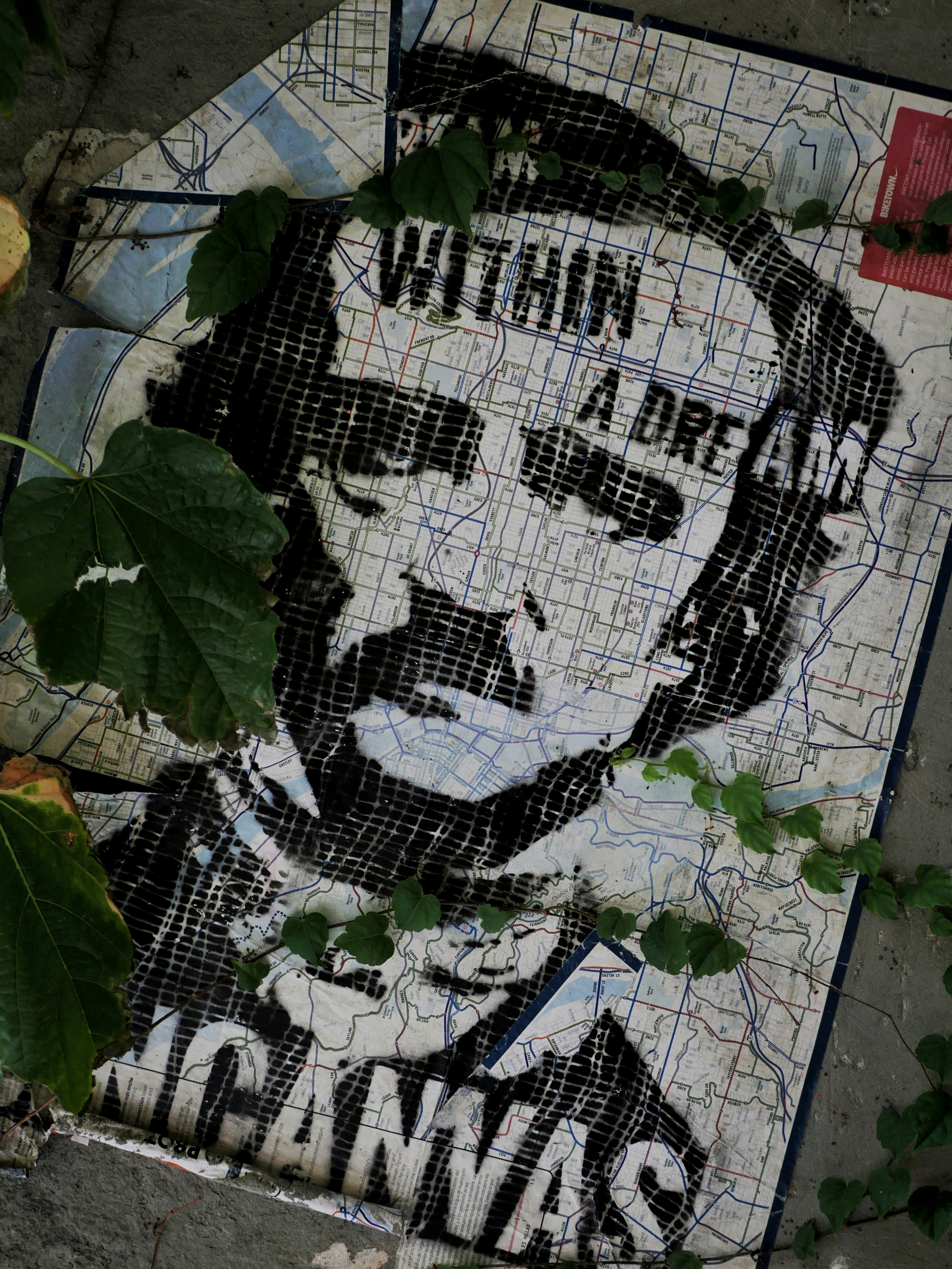 A stencil portrait of a man on a map with green ivy leaves