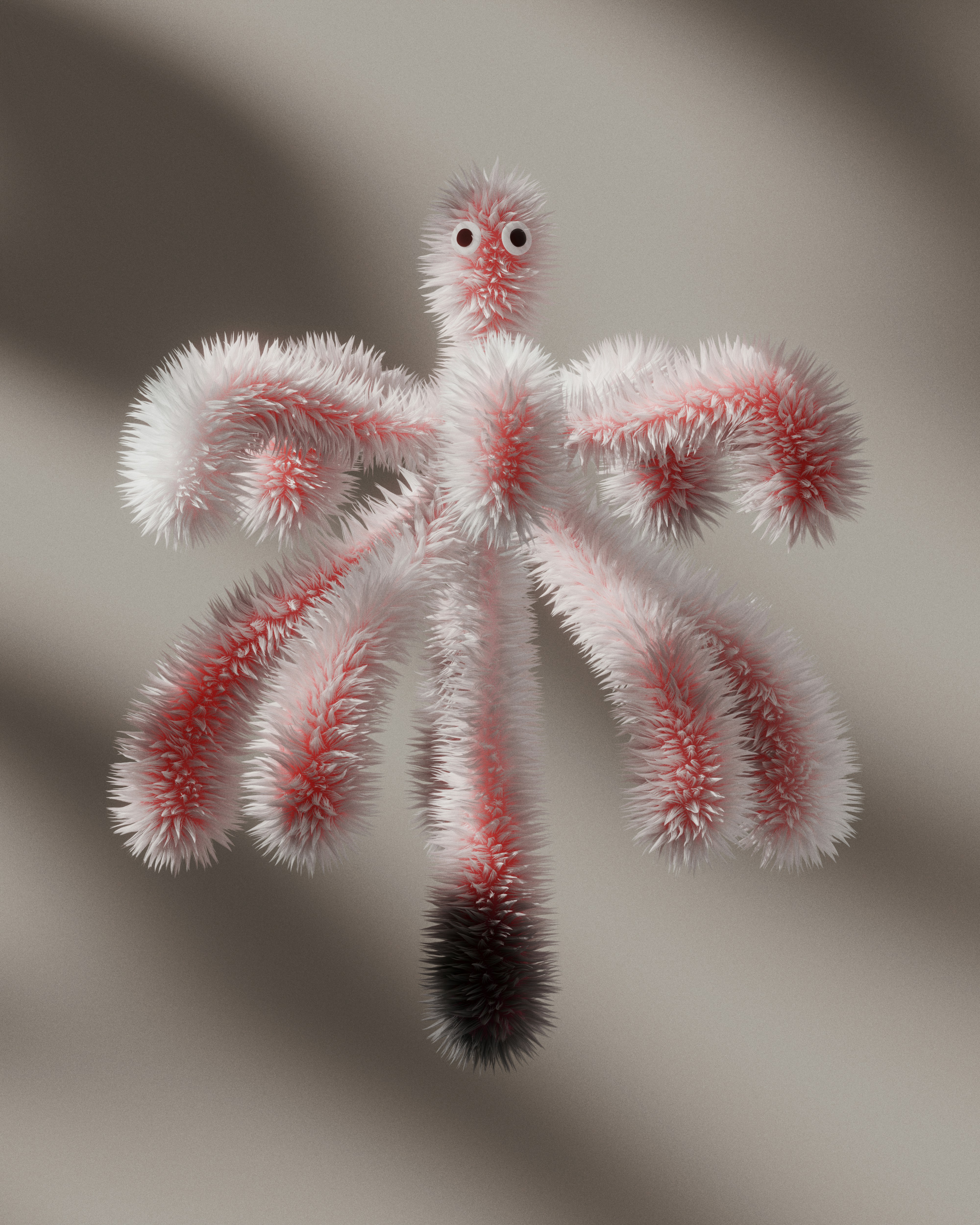 A 3D render of a fuzzy white and pink creature with googly eyes floating against a grey background - 相关推荐