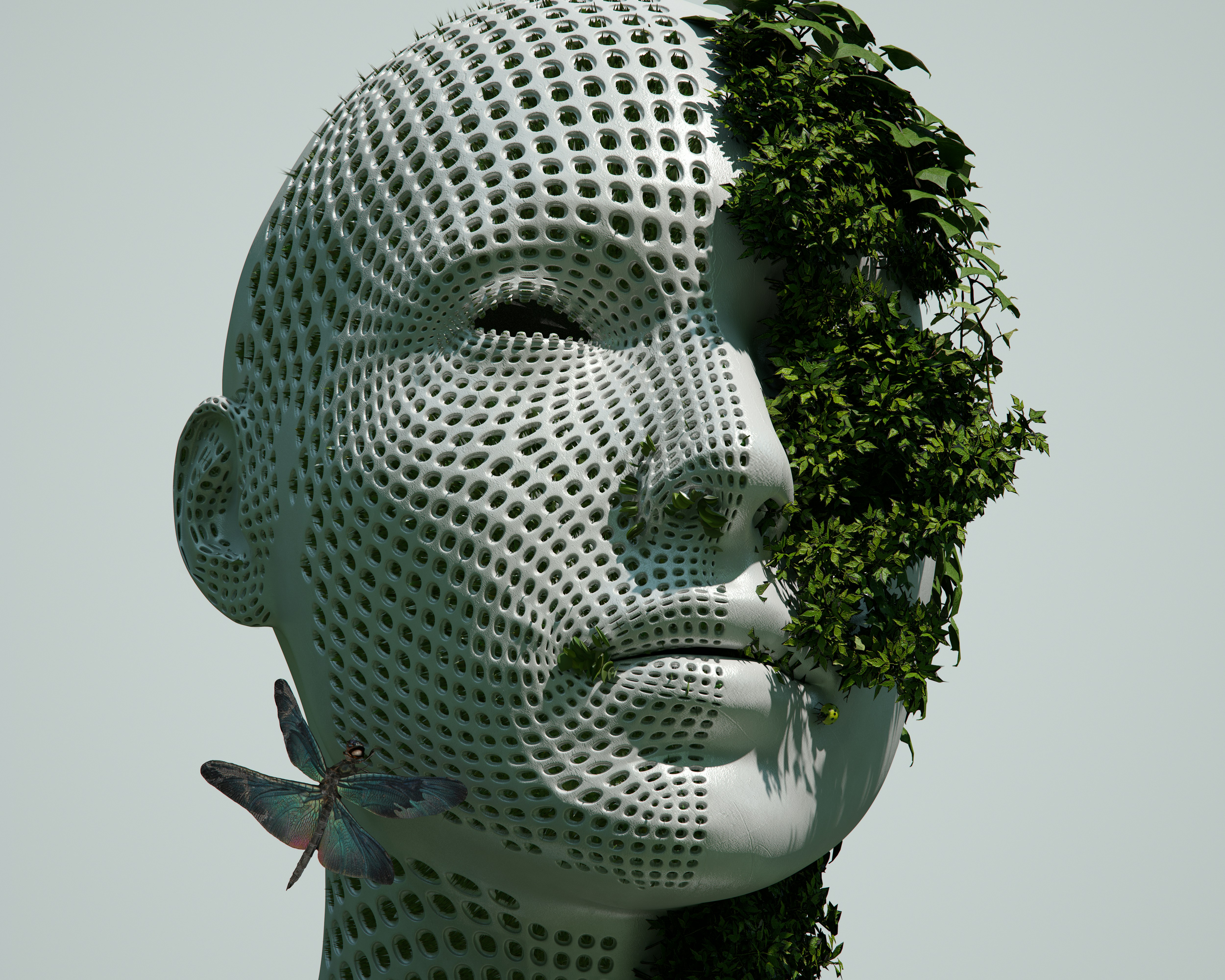 A 3D render of a perforated white human head covered in green ivy with a dragonfly