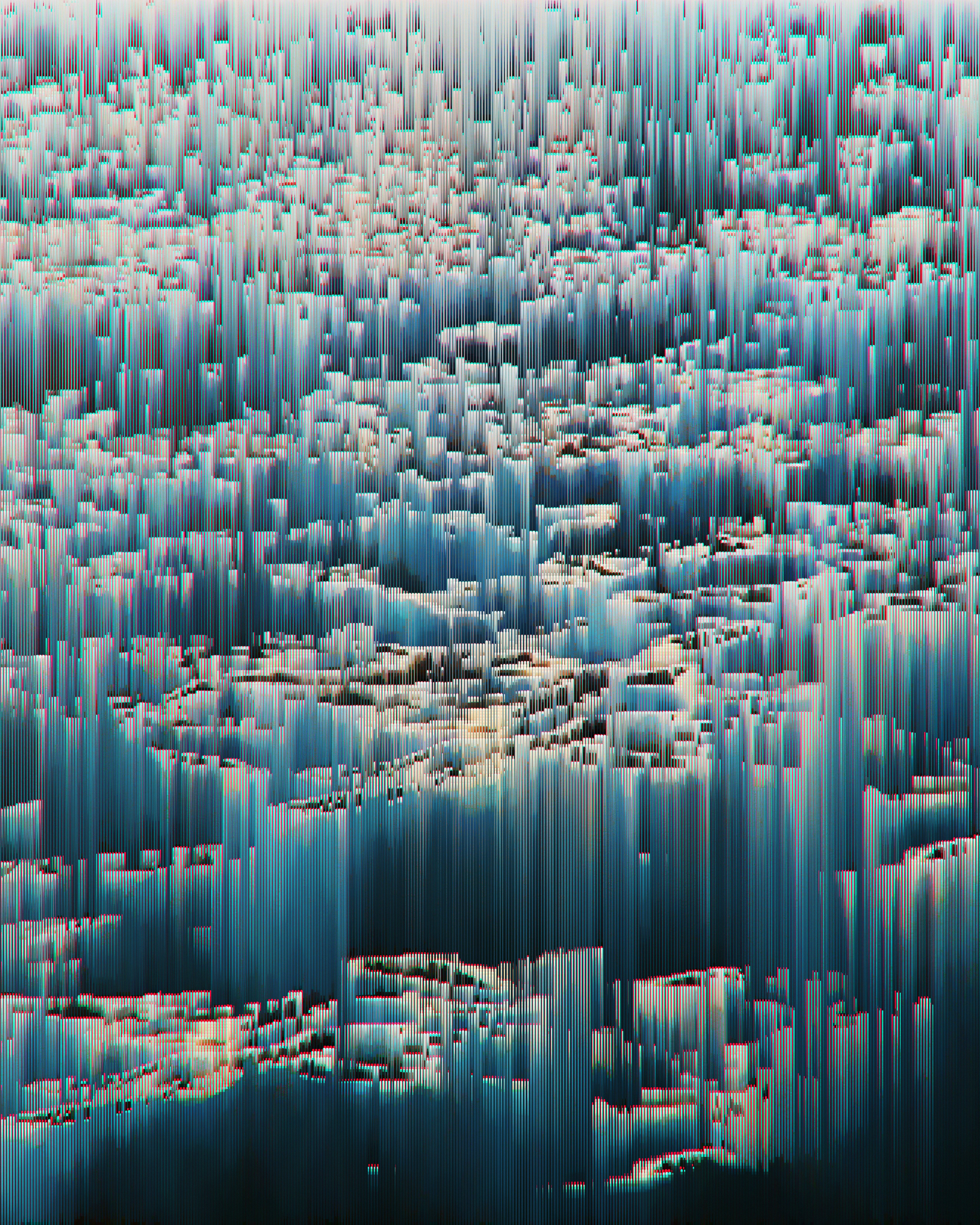 Abstract digital art with vertical blue and white pixelated streaks creating a textured effect