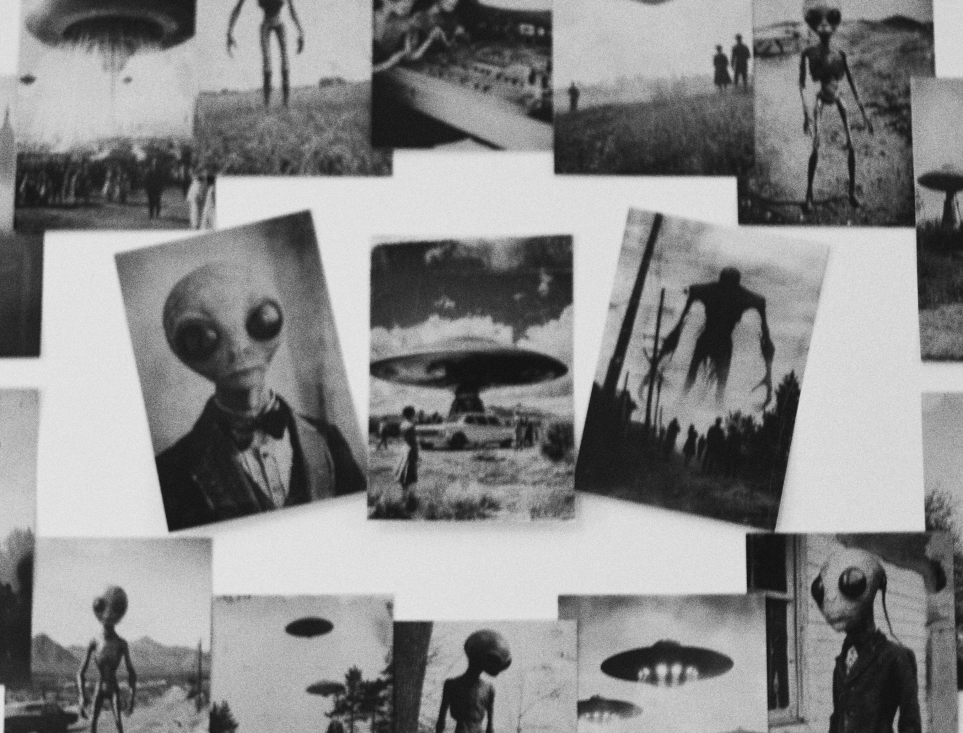 A collage of black and white photographs depicting extraterrestrial beings and unidentified flying objects - 相关推荐