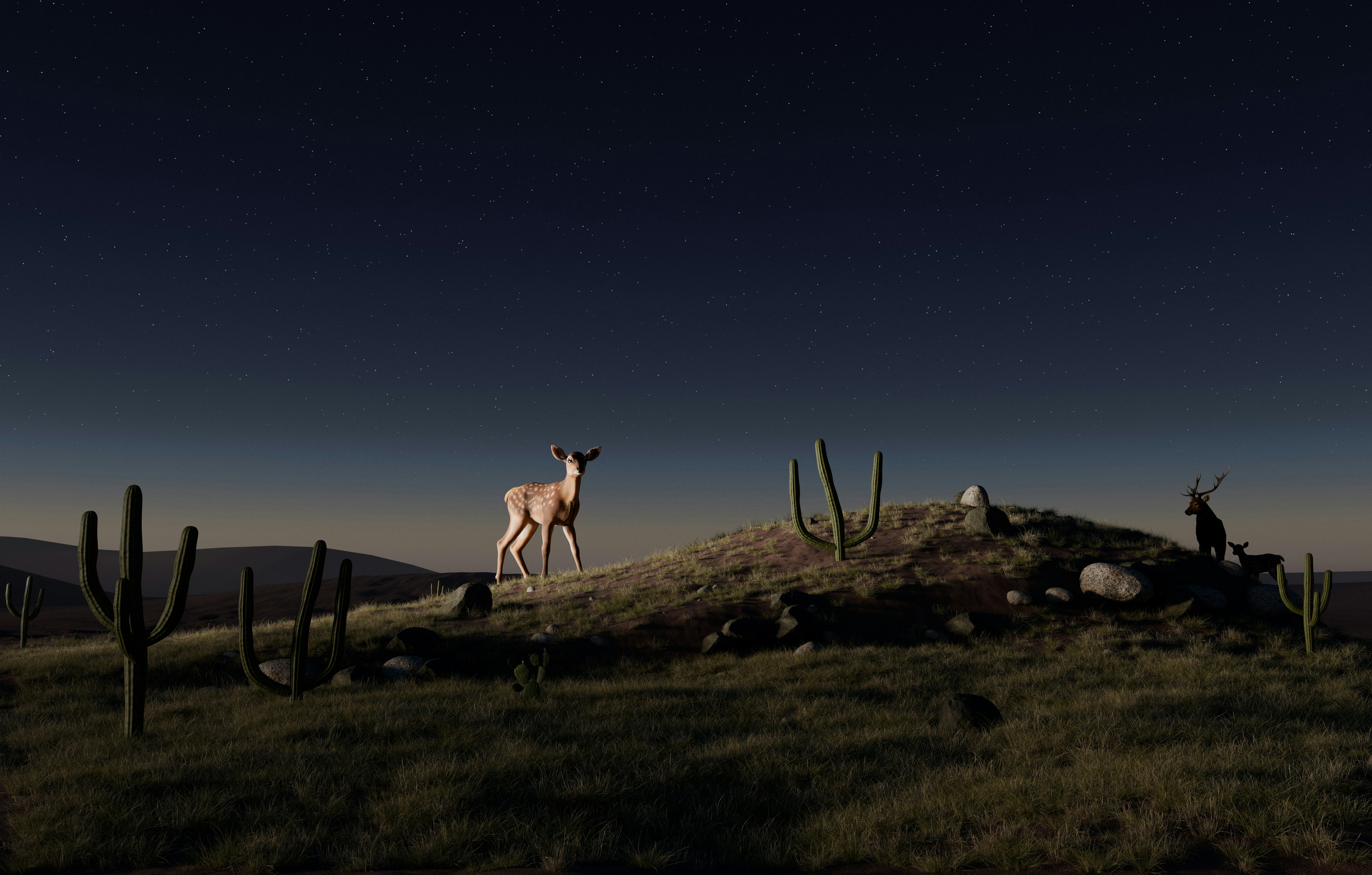 A 3D render of a spotted fawn on a grassy hill with cacti under a starry night sky