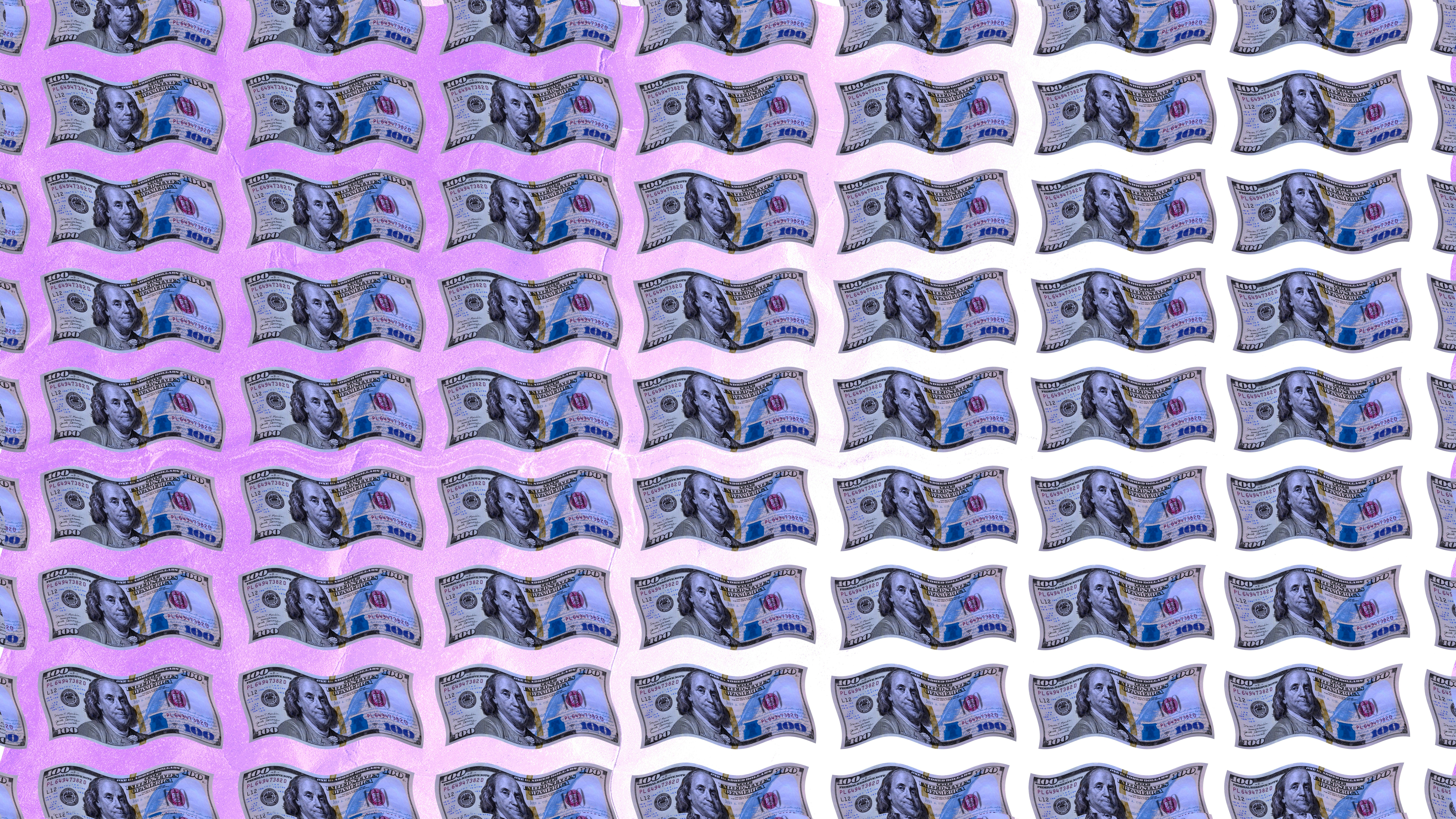 A 3D render of a repeating pattern of wavy one hundred dollar bills on a gradient background