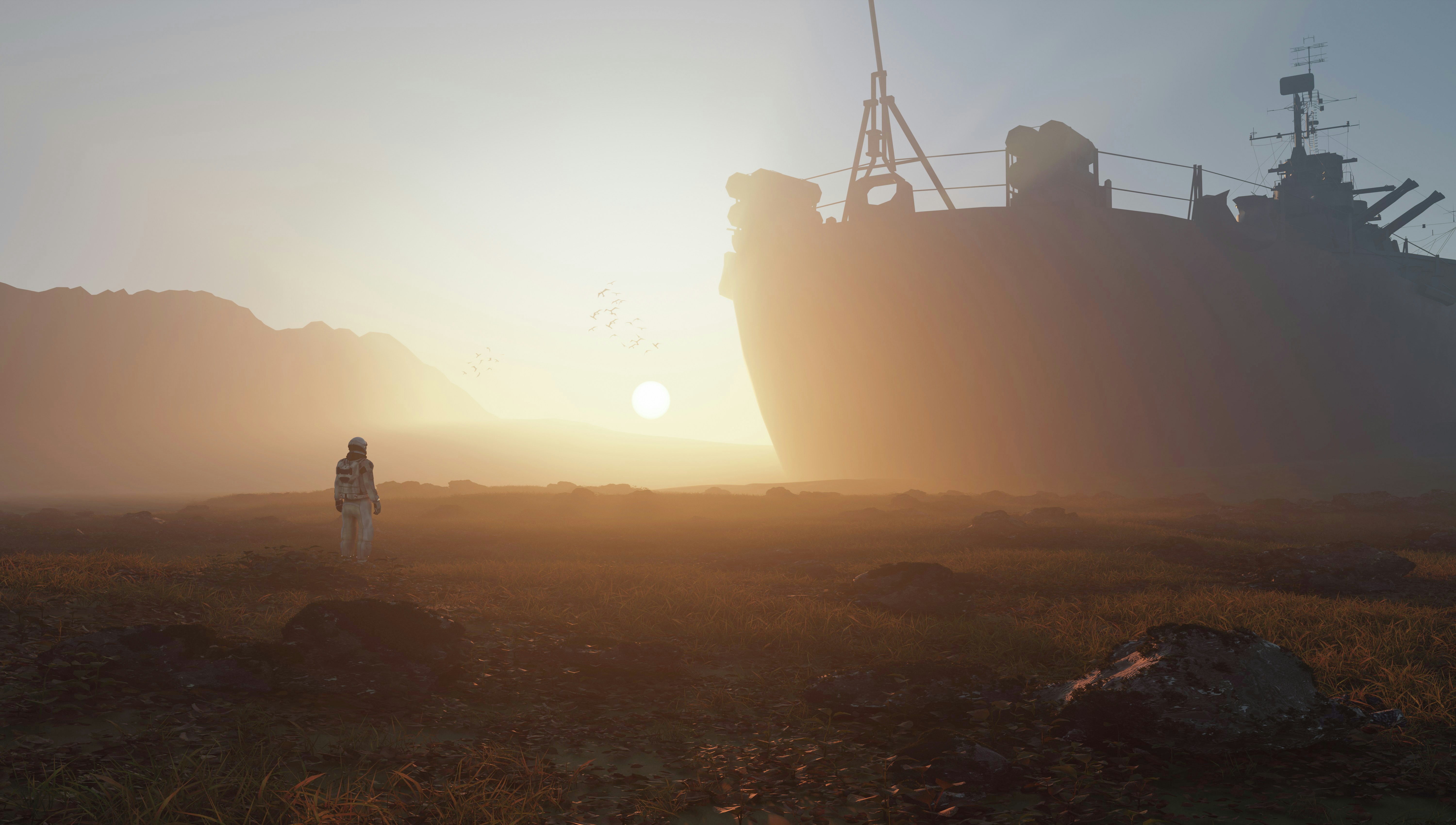 A 3D render of a person in a spacesuit before a grounded ship under low sun - 相关推荐