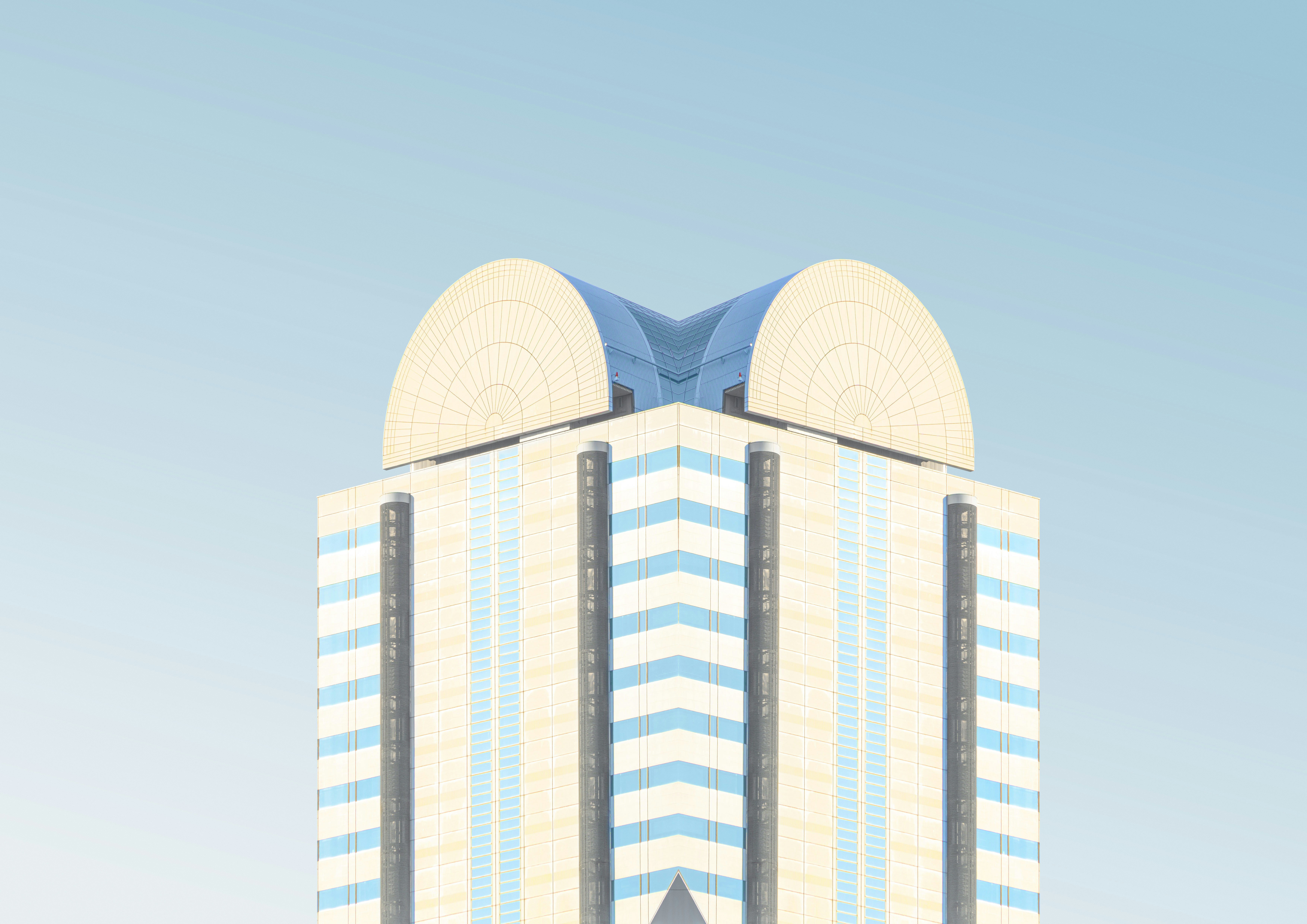 Symmetrical architectural photograph of a modern high-rise building with illuminated fan-shaped rooftop structures, blue-tinted glass windows, white horizontal bands, dark vertical columns, and a clear pale blue sky. The composition emphasizes geometric forms, symmetry, and futuristic commercial architecture. - 相关推荐