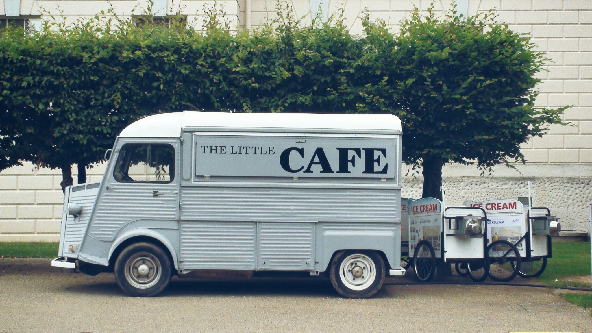 Food truck and ice cream carts parked on street in front of trees.