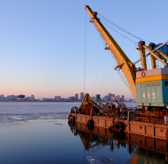yellow and blue commercial machine near body of water