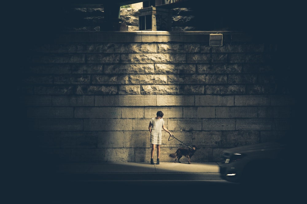 person holding dog collar beside wall