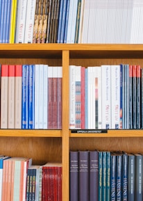 A bookshelf filled with a variety of academic and professional books, arranged neatly in rows. The spines display titles in different languages and cover various topics. Some books are thicker, while others are thinner, showing diversity in publishing styles.