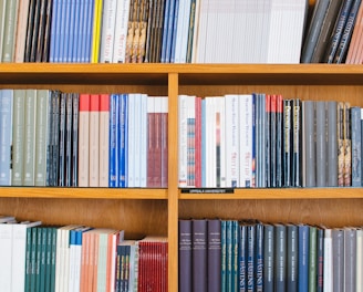 A bookshelf filled with a variety of academic and professional books, arranged neatly in rows. The spines display titles in different languages and cover various topics. Some books are thicker, while others are thinner, showing diversity in publishing styles.
