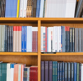 A bookshelf filled with a variety of academic and professional books, arranged neatly in rows. The spines display titles in different languages and cover various topics. Some books are thicker, while others are thinner, showing diversity in publishing styles.