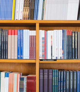 A bookshelf filled with a variety of academic and professional books, arranged neatly in rows. The spines display titles in different languages and cover various topics. Some books are thicker, while others are thinner, showing diversity in publishing styles.