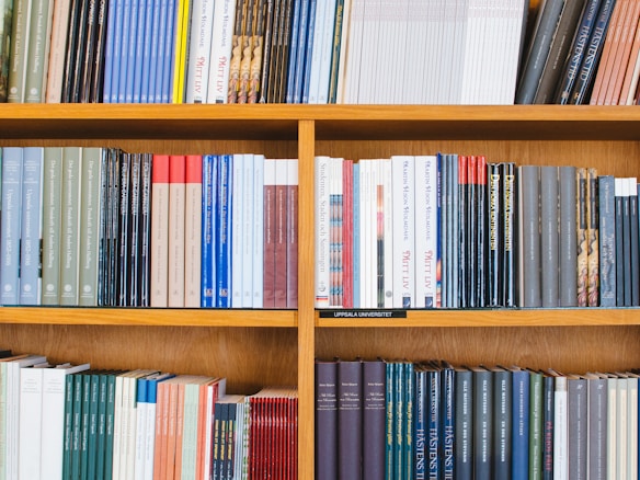 A bookshelf filled with a variety of academic and professional books, arranged neatly in rows. The spines display titles in different languages and cover various topics. Some books are thicker, while others are thinner, showing diversity in publishing styles.