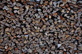 Stacked firewood pieces arranged neatly, showcasing various shades of brown and textures. The logs are cut into similar sizes and organized tightly together, highlighting their natural grain.