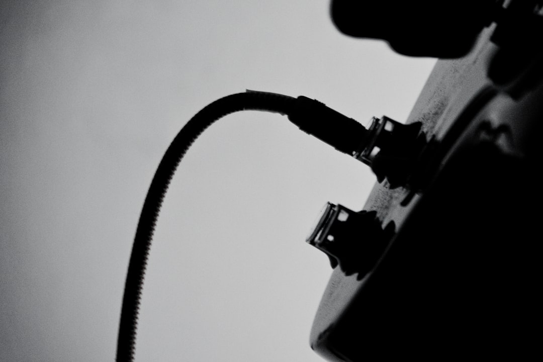 A black-and-white shot of a wire plugged in into a guitar, Guitar wire in black and white
