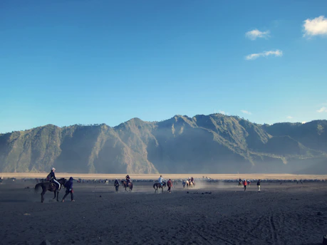 Riders on horseback crossing a sunlit meadow with towering mountains in the background.