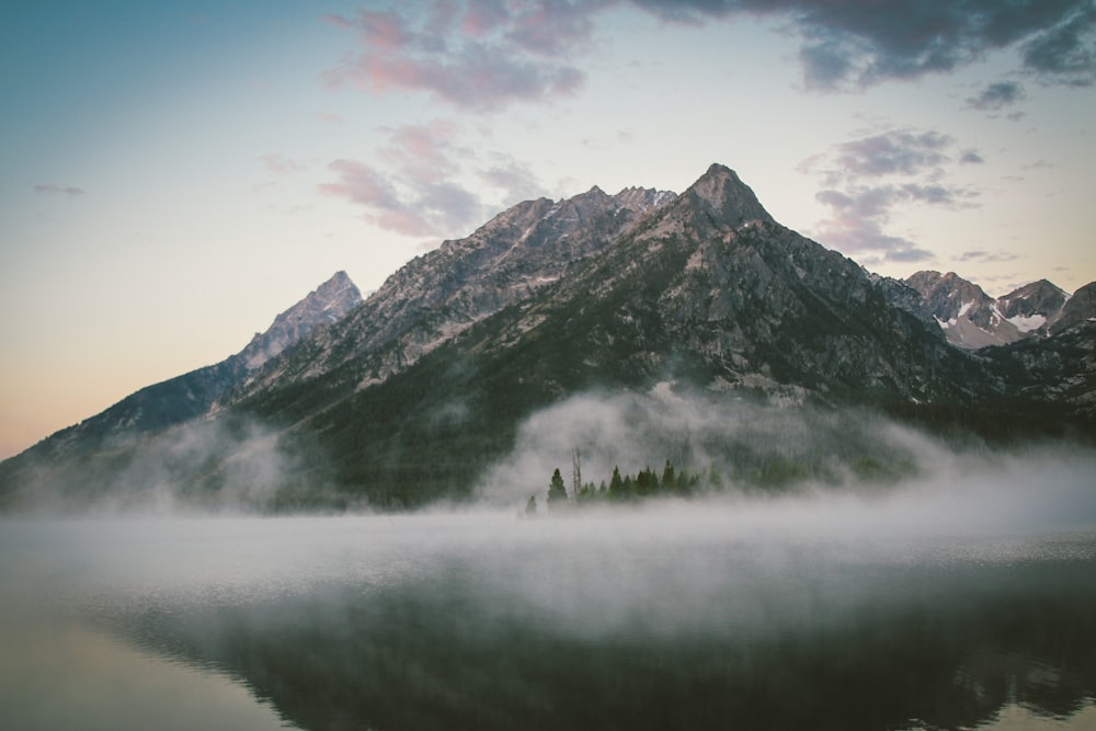 montagnes vertes et grises couvertes de brouillard