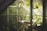 A serene herbalist workspace filled with various natural herbs and plants in sunlight.