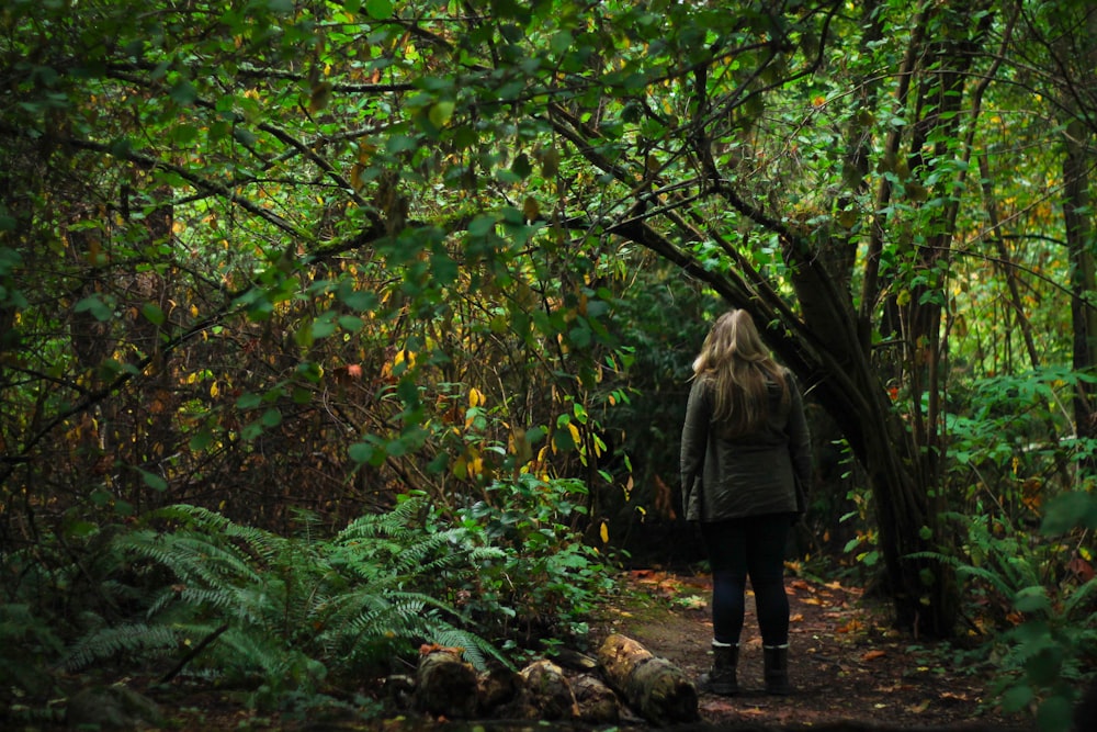 mulher que caminha no meio da floresta
