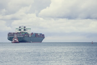 A large cargo ship loaded with numerous colorful shipping containers is floating on the calm sea. A smaller tugboat is positioned near the forefront of the large vessel, assisting with navigation. The sky is filled with thick, gray clouds, suggesting the possibility of overcast weather.